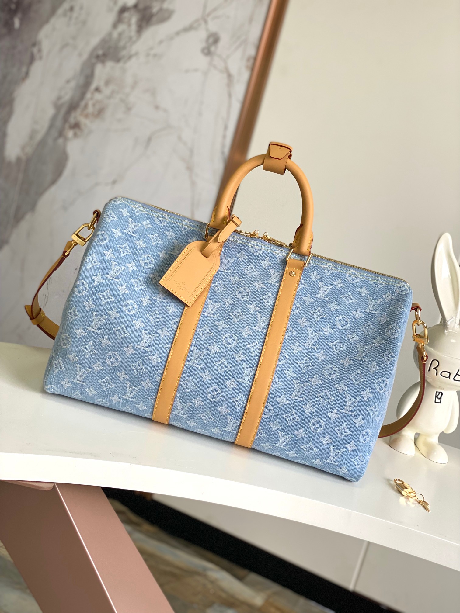 Louis Vuitton LV Keepall Travel Bags Blue Light White Cotton Cowhide Vintage M25334