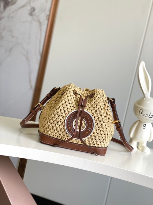 Louis Vuitton Noe BB Raffia Bucket Bag, Brown Woven Design 1 Louis Vuitton Noe BB Raffia Bucket Bag, Brown Woven Design