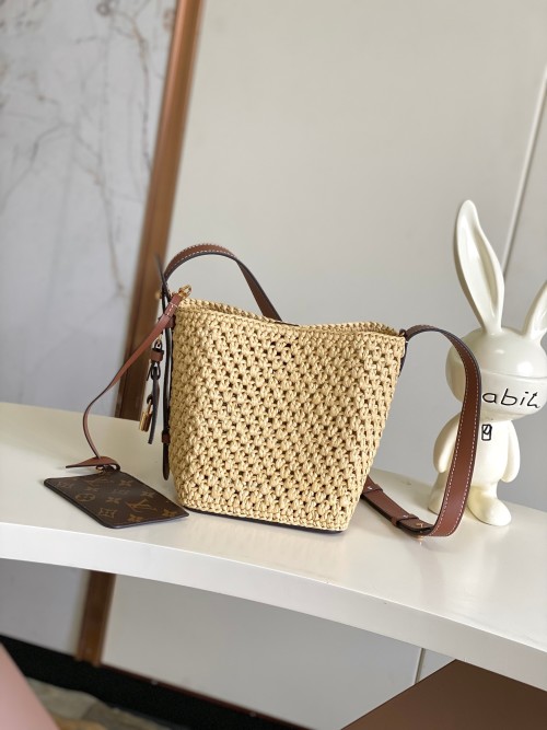 Louis Vuitton All In BB Raffia Bucket Bag with Leather Trim - Vacation Style