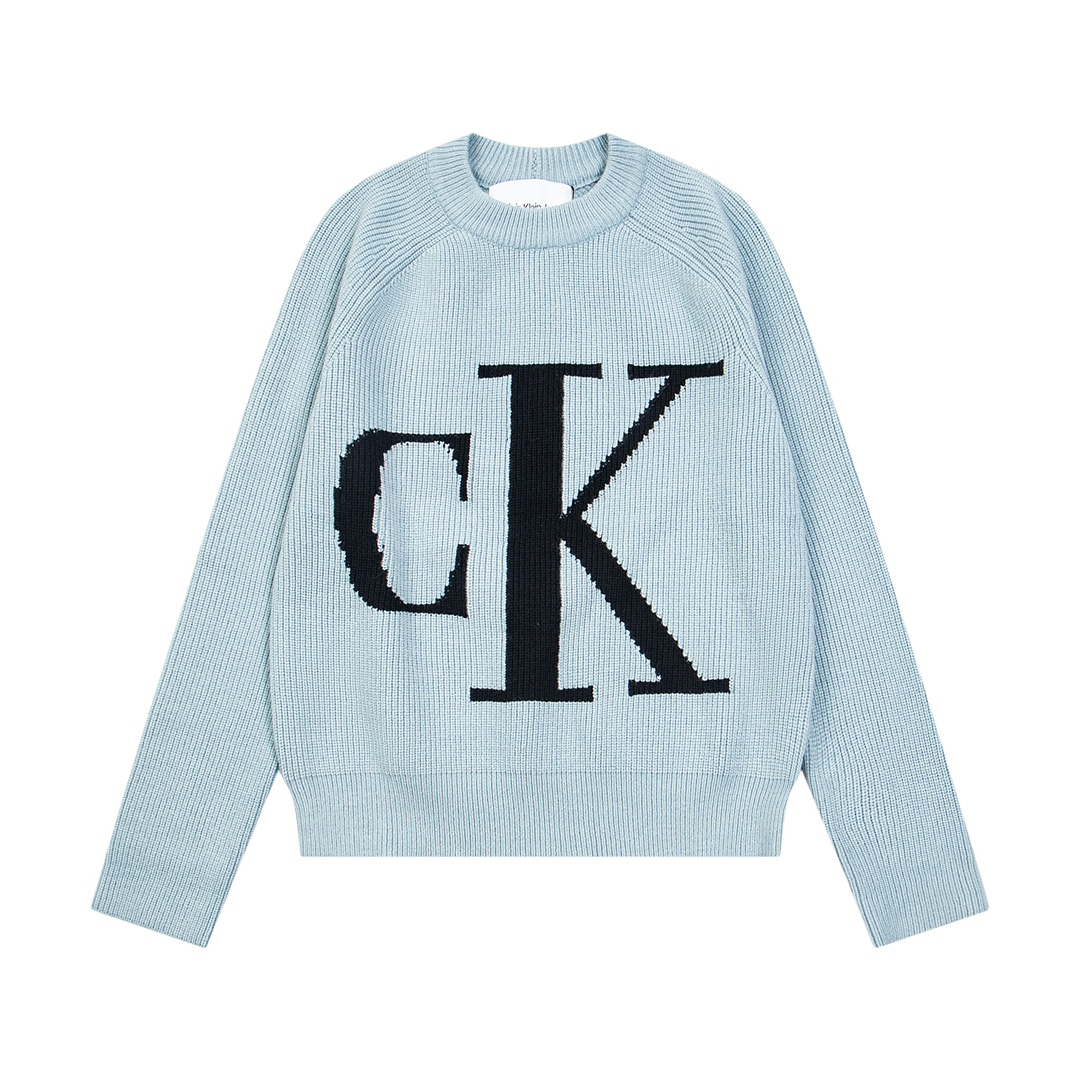 Nuevo N.º B588 (éxito en azul) 【CK Jeans25 nuevo suéter de cuello redondo con logo grande en jacquard, en azul, recomen…