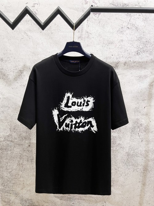 Louis Vuitton Men's Black Cotton T-Shirt with Graffiti Logo Print 1 Louis Vuitton Men's Black Cotton T-Shirt with Graffiti Logo Print
