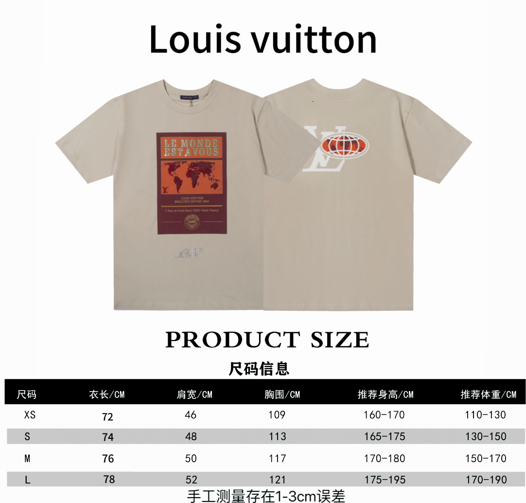 Louis Vuitton* Louis Vuitton LV mapa del mundo Hot Diamond tabla de tallas de camiseta de manga corta P90