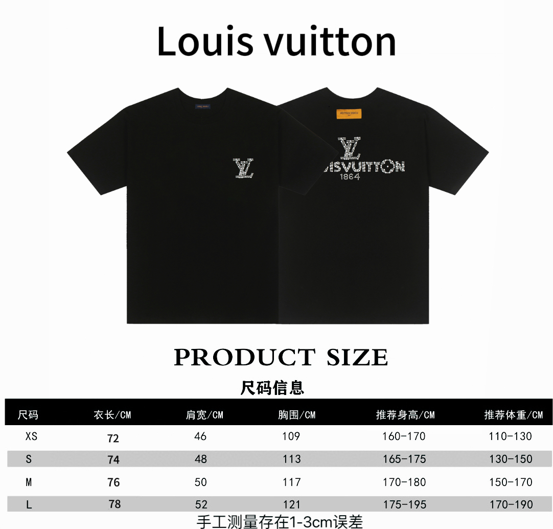 Louis vuitton* Louis Vuitton LV25 nueva tabla de tallas de camiseta de manga corta con perlas de industria pesada P90