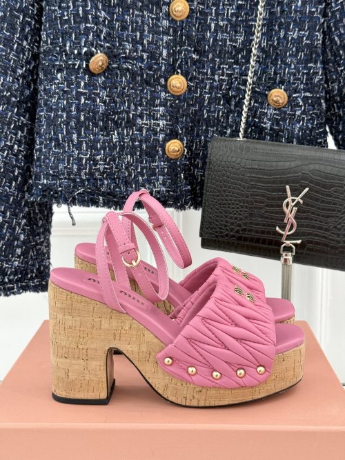 Chic Miu Miu Platform Sandals: Pink Ruched Leather, Cork Base, High Heel 1 Chic Miu Miu Platform Sandals: Pink Ruched Leather, Cork Base, High Heel