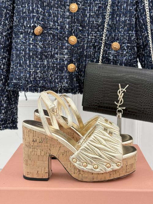 Chic Miu Miu Gold Pleated Platform Sandals - Elevate Your Style 1 Chic Miu Miu Gold Pleated Platform Sandals - Elevate Your Style