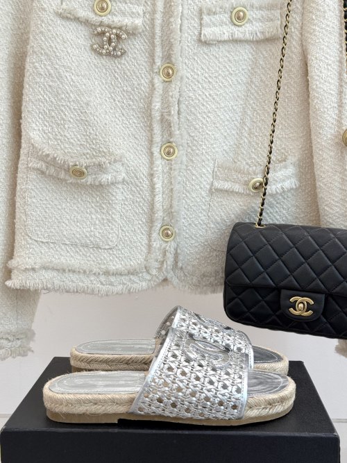 Chanel Espadrille Sandals, Double C Logo, Summer Beach Slippers, Women's Shoes 1 Chanel Espadrille Sandals, Double C Logo, Summer Beach Slippers, Women's Shoes