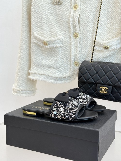 Chanel Bow Pearl Embellished Sequin Slides Lambskin Leather Sandals 1 Chanel Bow Pearl Embellished Sequin Slides Lambskin Leather Sandals