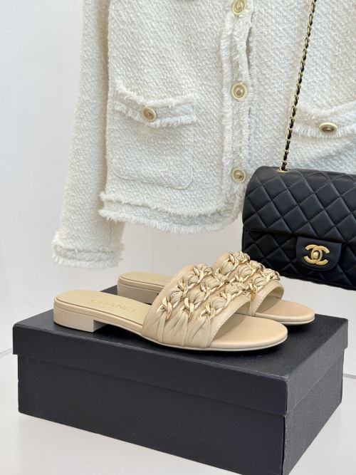 Chanel Women's Beige Leather Chain Detail Slide Sandals 1 Chanel Women's Beige Leather Chain Detail Slide Sandals