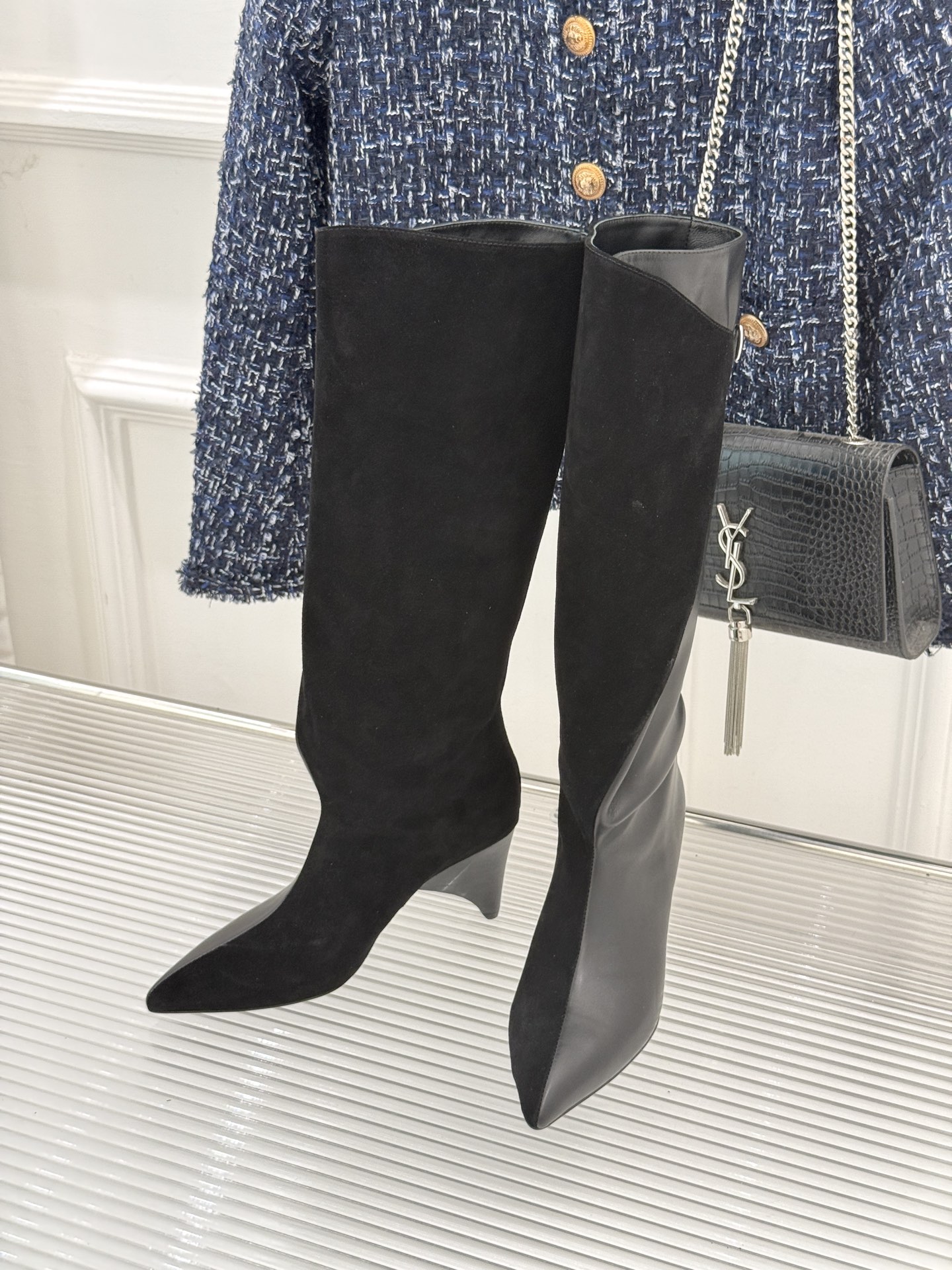 Elegant Pointed Toe Knee High Boots with Sculptural Heel and Leather Detail 3 i1756829260316 5064 0 1