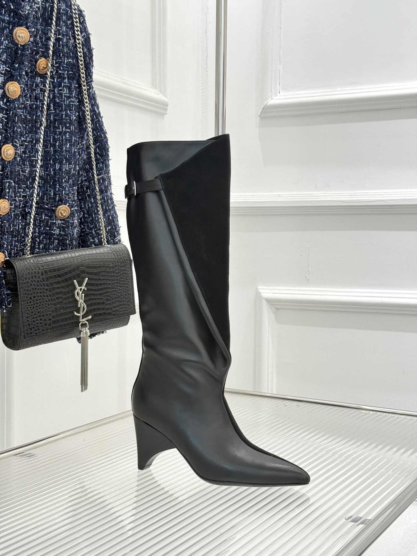 Elegant Pointed Toe Knee High Boots with Sculptural Heel and Leather Detail 10 i1756829260316 6526 0 8