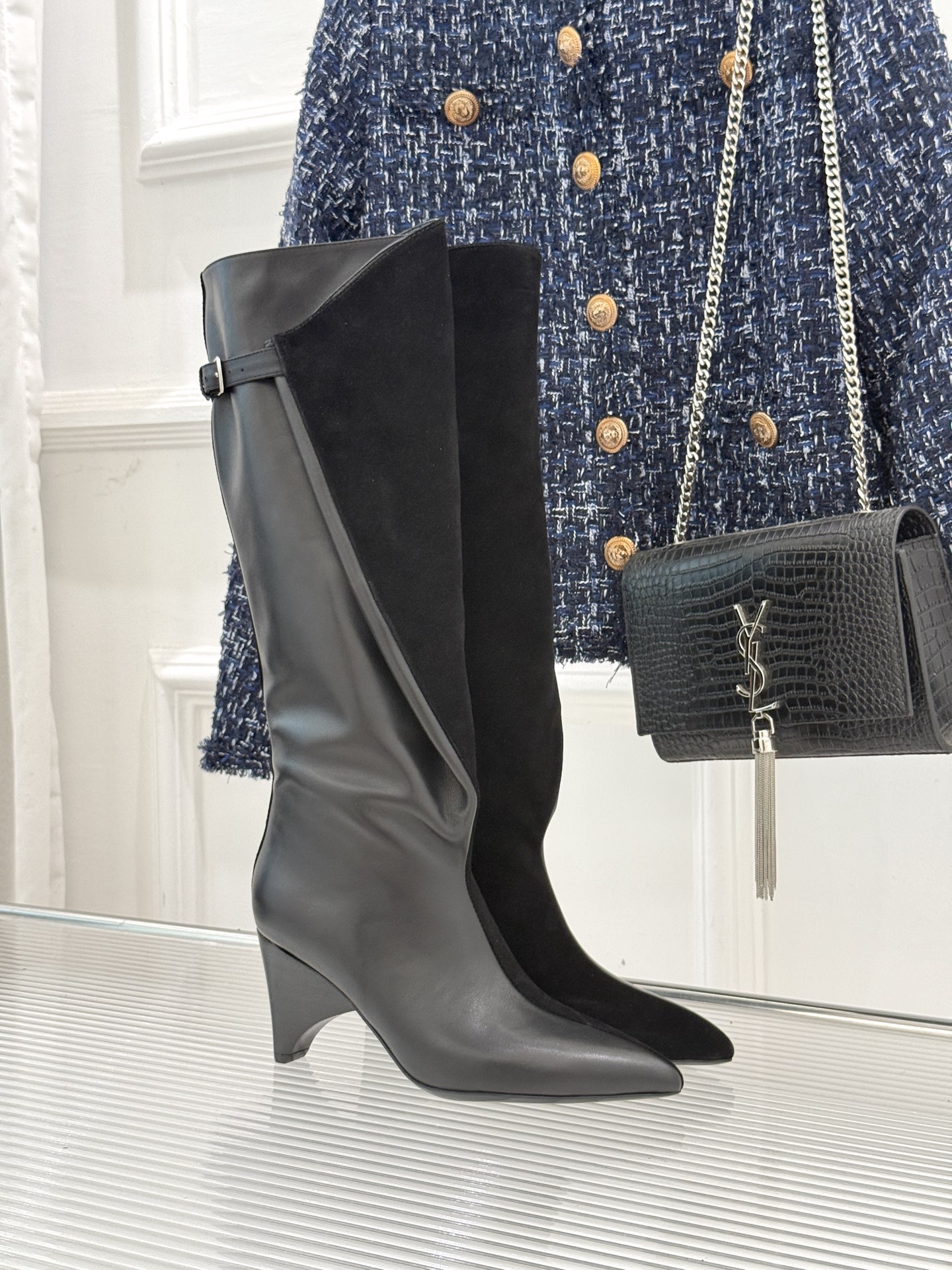 Elegant Pointed Toe Knee High Boots with Sculptural Heel and Leather Detail 2 i1756829261933 5877 0 0