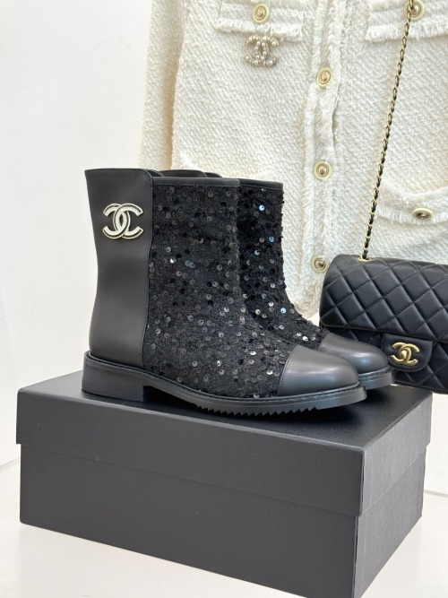 Chanel Women's Black Sequin Ankle Boots with CC Logo, Size 35-41 1 Chanel Women's Black Sequin Ankle Boots with CC Logo, Size 35-41