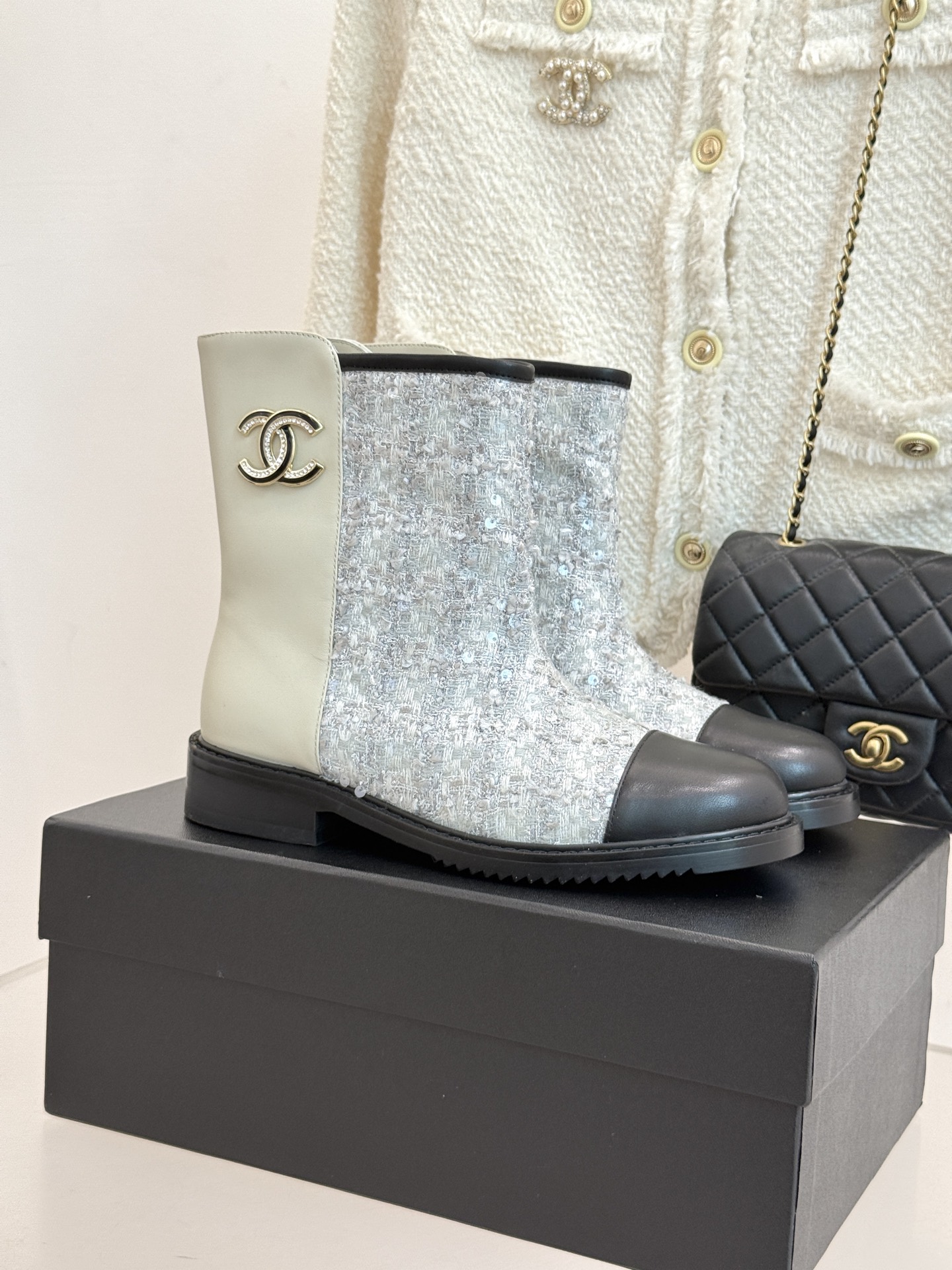 Chanel Women's Ankle Boots, Double C Logo, Sequins, Two Tone, Autumn and Winter