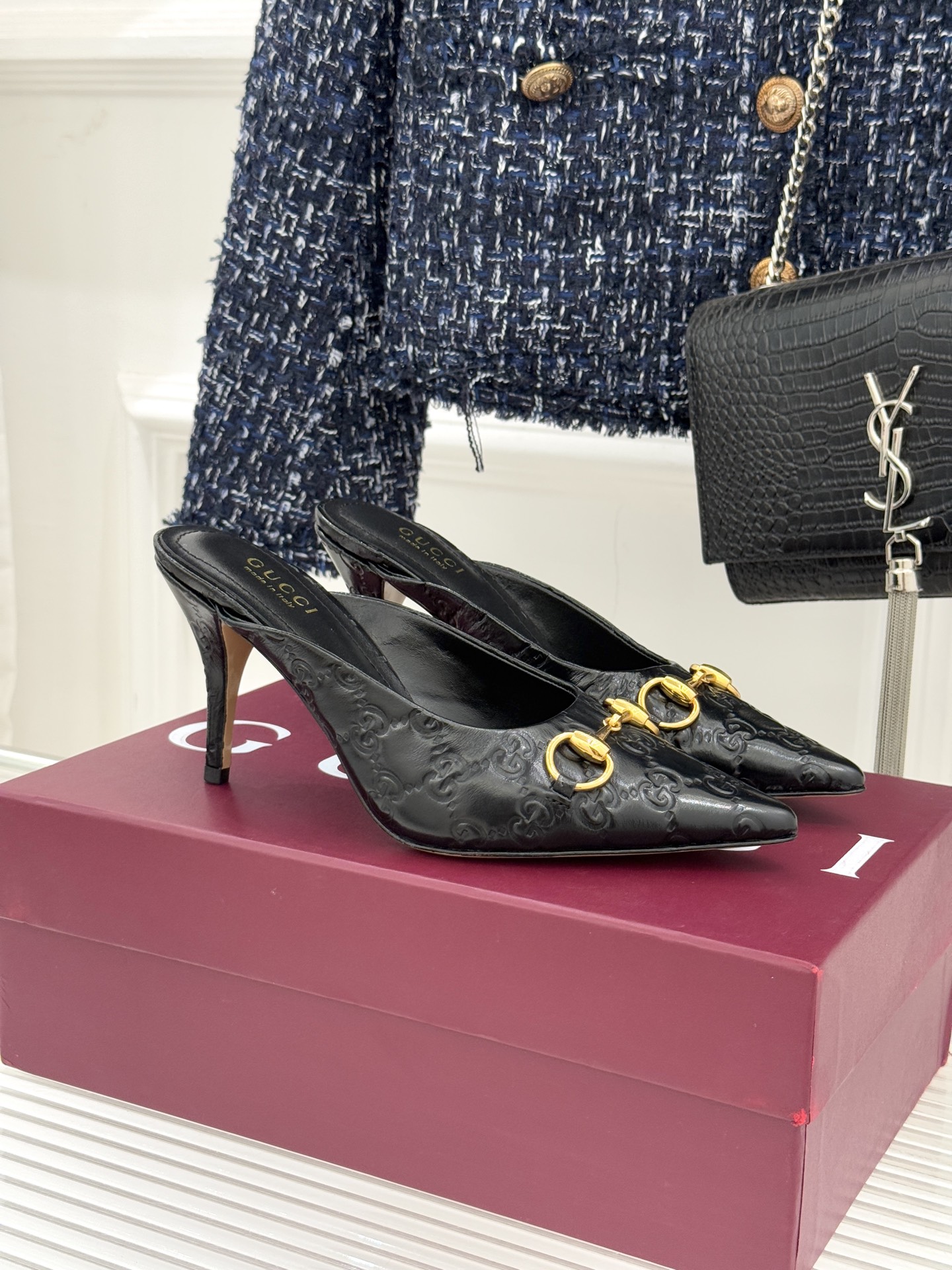 Gucci Horsebit Pointed-Toe Heeled Slingback Sandals in Suede & Leather