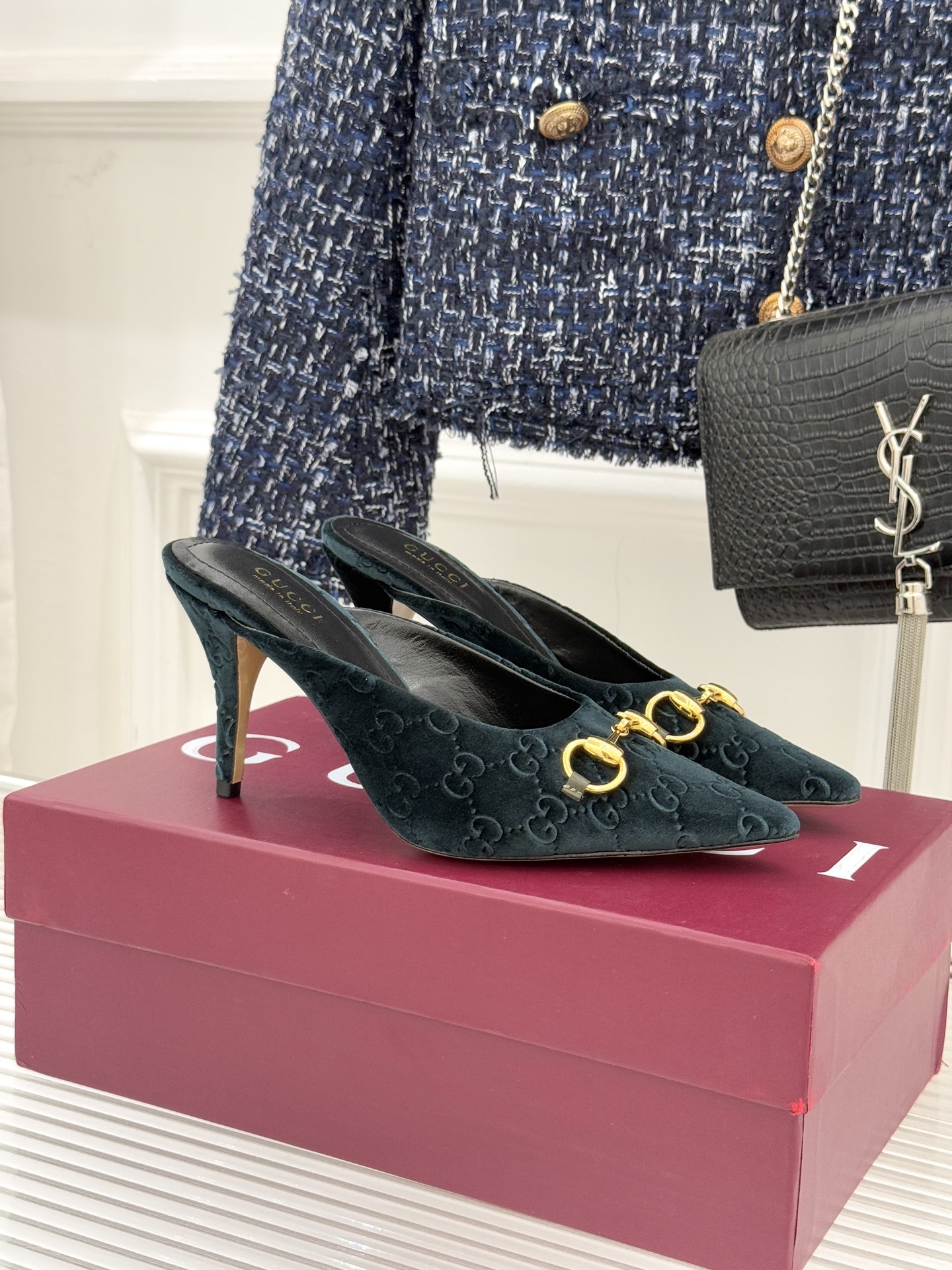 Gucci Horsebit Pointed-Toe Heeled Slingbacks in Suede & Leather