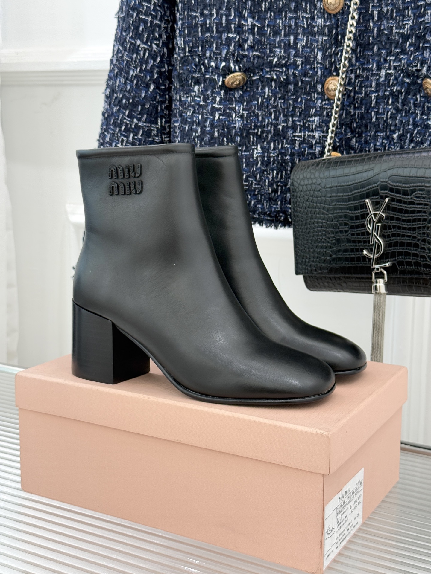 Miu Miu Women’s Retro Ankle Boots with Chunky Heel and Logo Detail