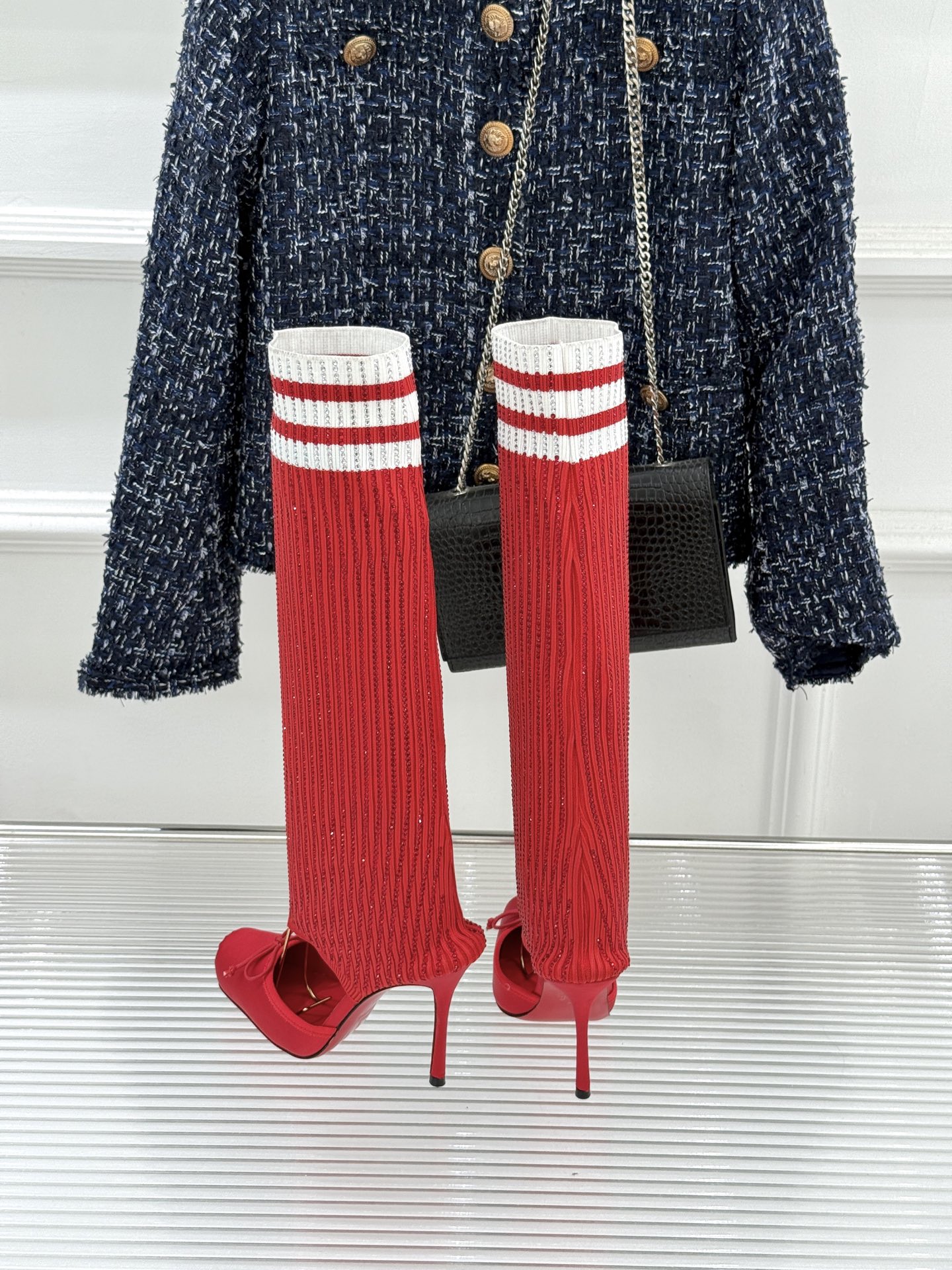 ChristinLouboutin/CL26WF新品猪鼻子蝴蝶结高跟袜子靴凉靴邂逅猪鼻子鞋头的复古巧思再