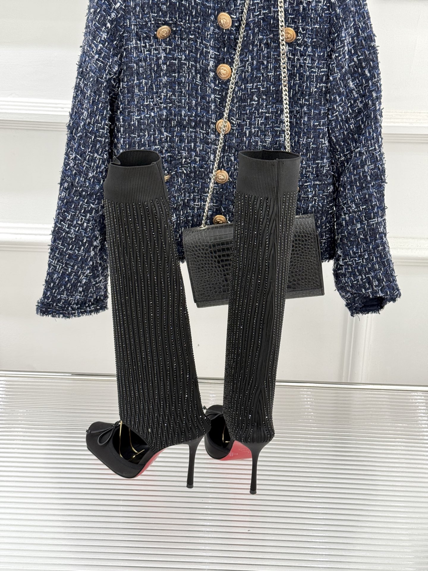 ChristinLouboutin/CL26WF新品猪鼻子蝴蝶结高跟袜子靴凉靴邂逅猪鼻子鞋头的复古巧思再