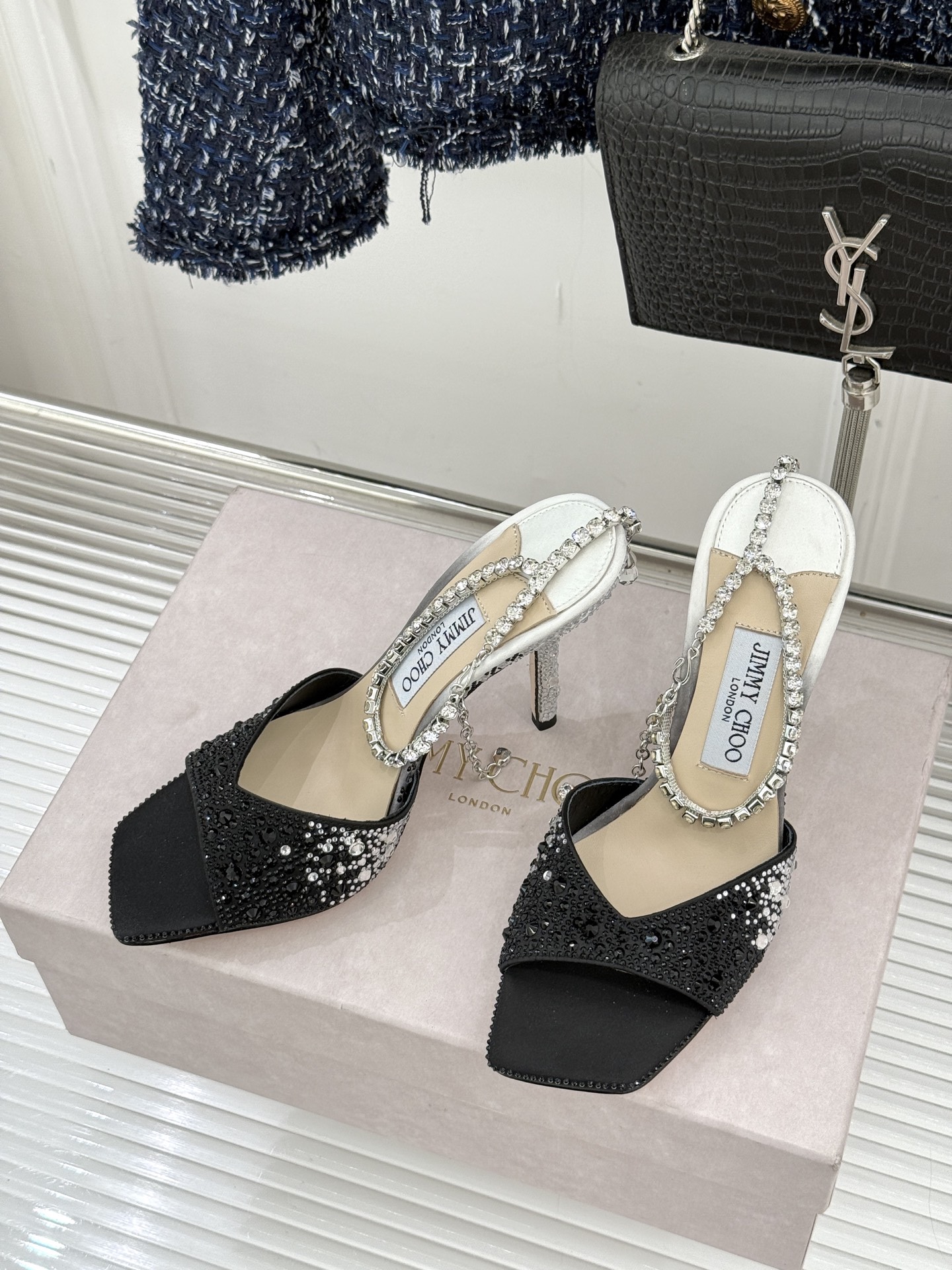 Jimmy Choo/吉米周经典钻石链条方头水晶鱼嘴高跟凉鞋超绝的水晶鞋 美到移不开视线鞋型做的非常秀气