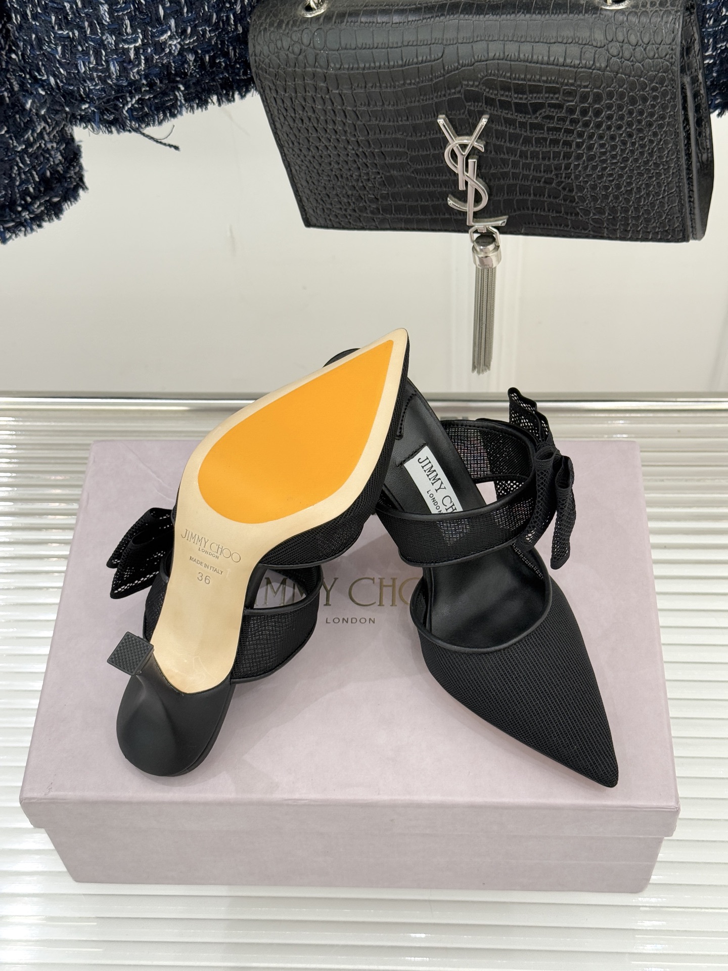 Jimmy Choo/吉米周26WF新品蝴蝶结尖头穆勒鞋高跟拖鞋呼应“Future Feminine”核