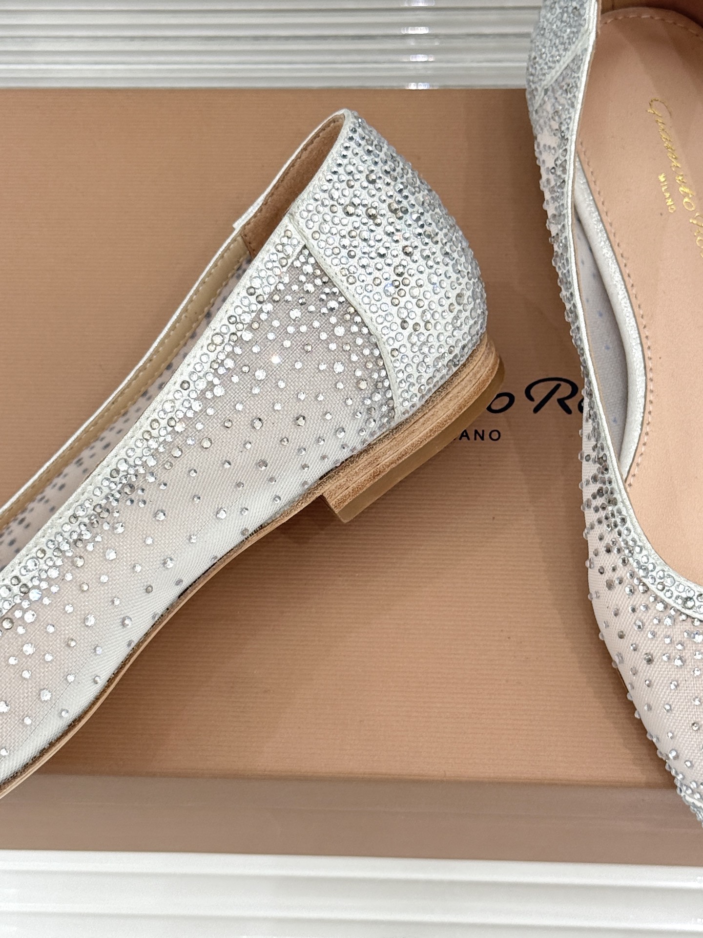 Gianvito Rossi26WF新品网纱水钻平底单鞋GR以意式打造足间轻盈奢美。通透网纱轻裹脚背 纤