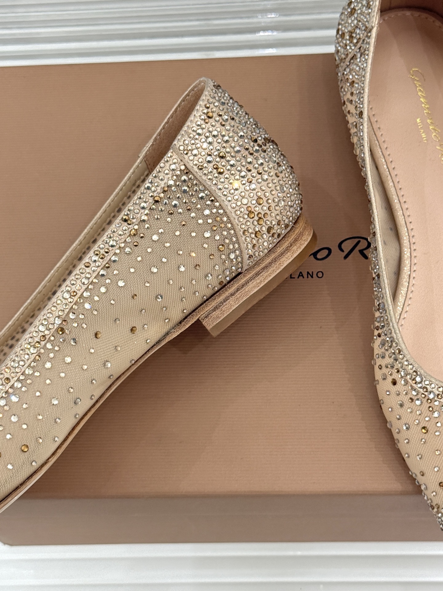 Gianvito Rossi26WF新品网纱水钻平底单鞋GR以意式打造足间轻盈奢美。通透网纱轻裹脚背 纤