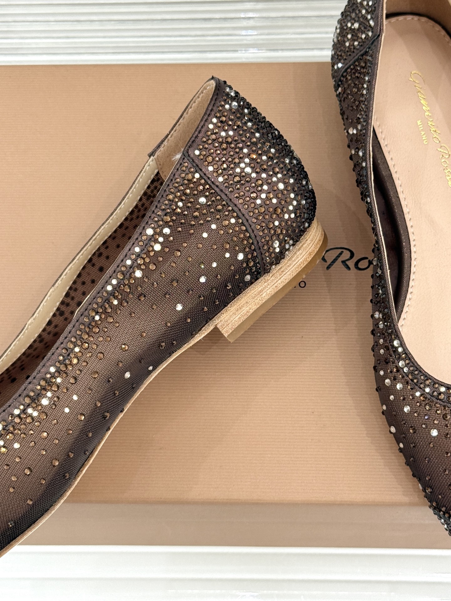 Gianvito Rossi26WF新品网纱水钻平底单鞋GR以意式打造足间轻盈奢美。通透网纱轻裹脚背 纤