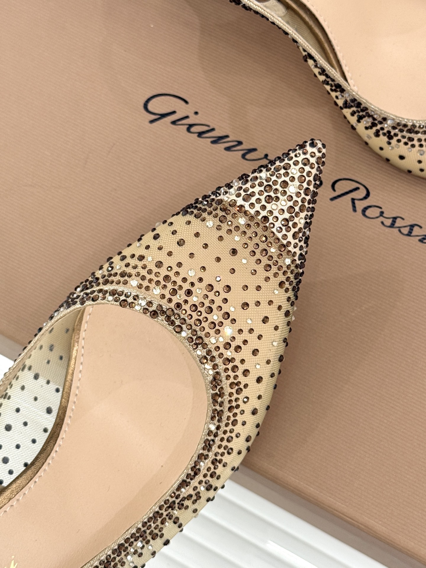 Gianvito Rossi26WF新品网纱水钻尖头高跟拖后空凉鞋GR将意式优雅注入每一处细节这款网纱水