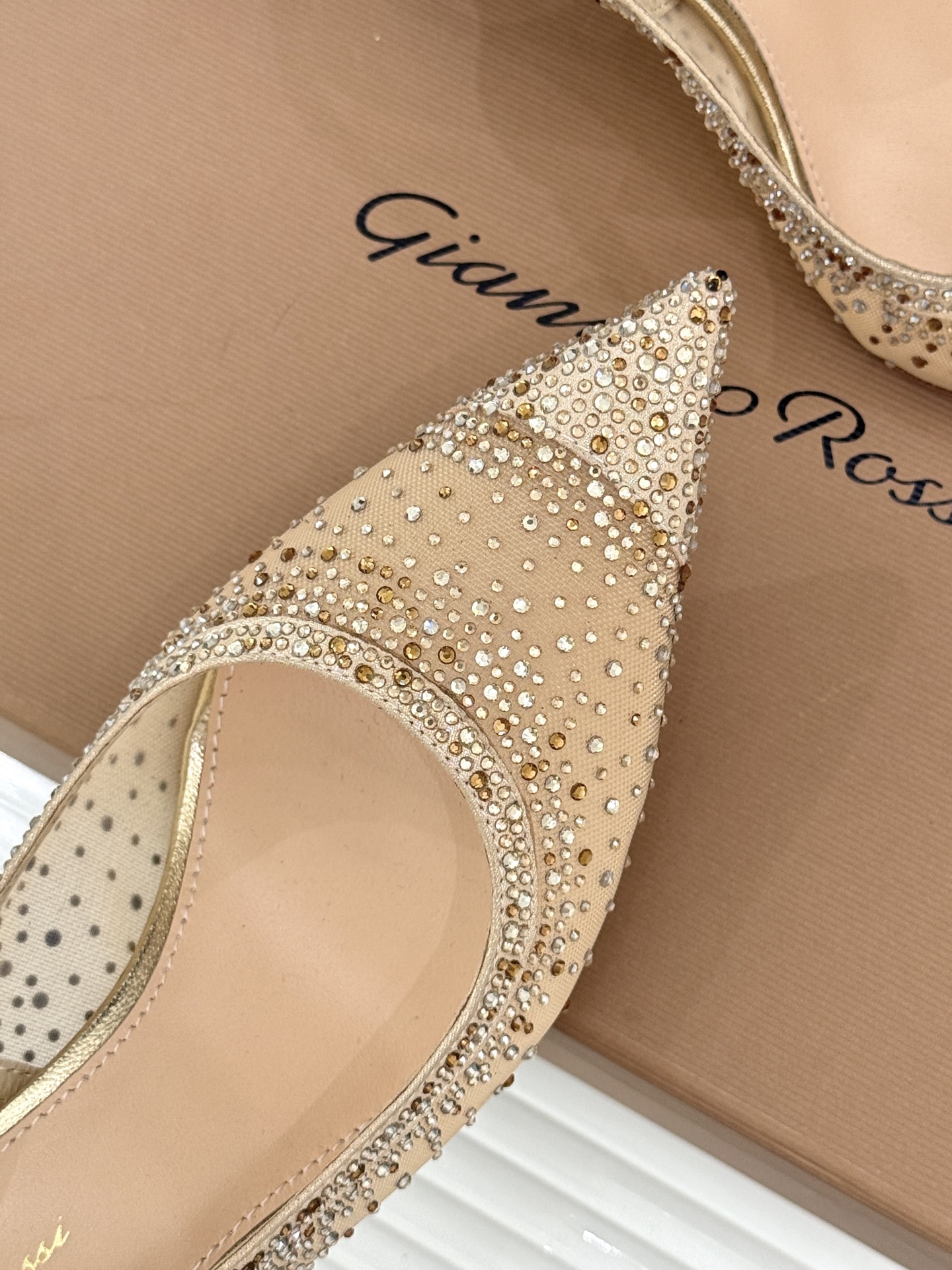 Gianvito Rossi26WF新品网纱水钻尖头高跟拖后空凉鞋GR将意式优雅注入每一处细节这款网纱水