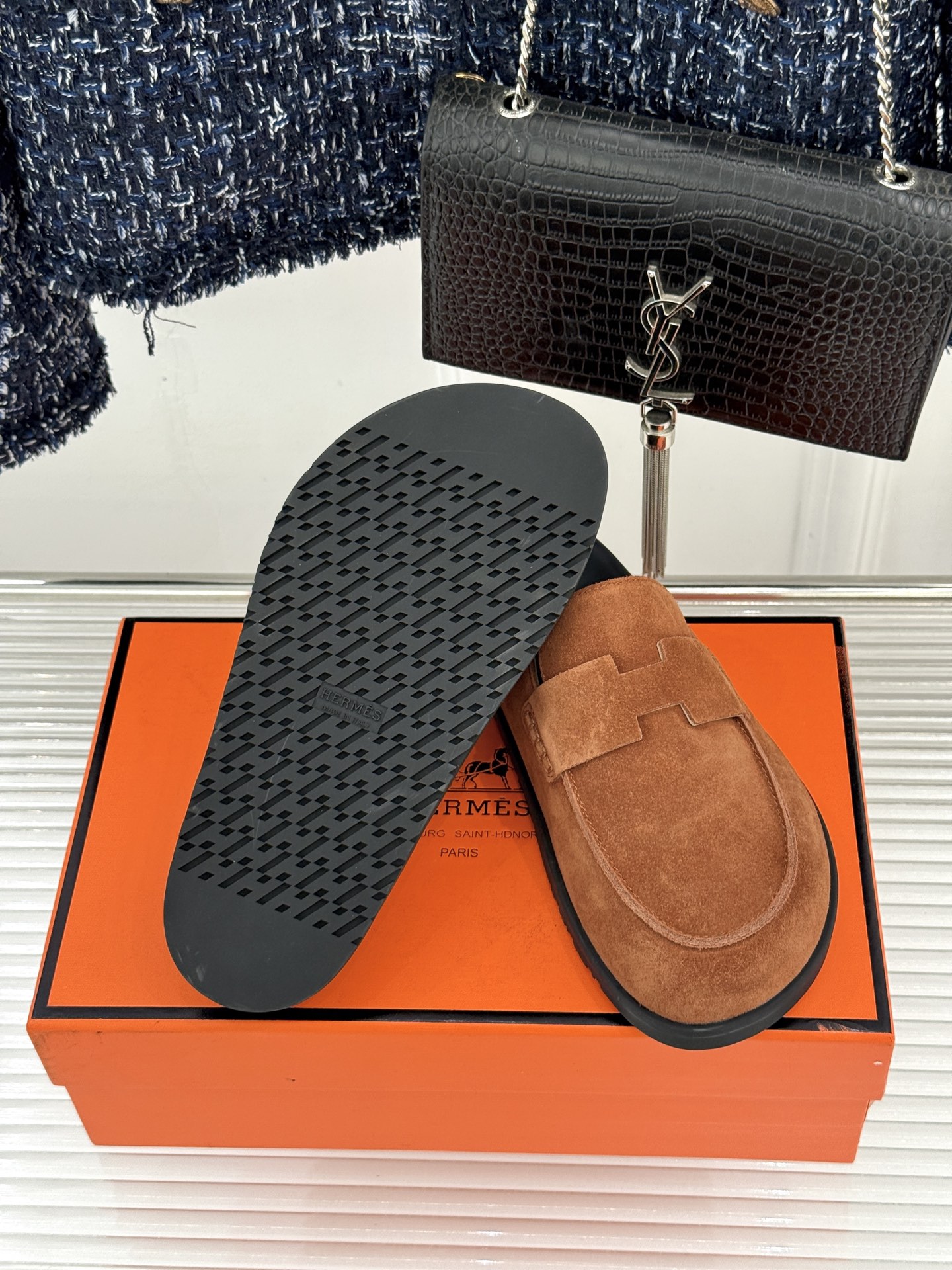（配原版飞机盒）Hermès/爱马仕25WF新品穆勒包头H半拖鞋勃肯鞋厚底勃肯版型重塑经典。麂皮小牛皮质