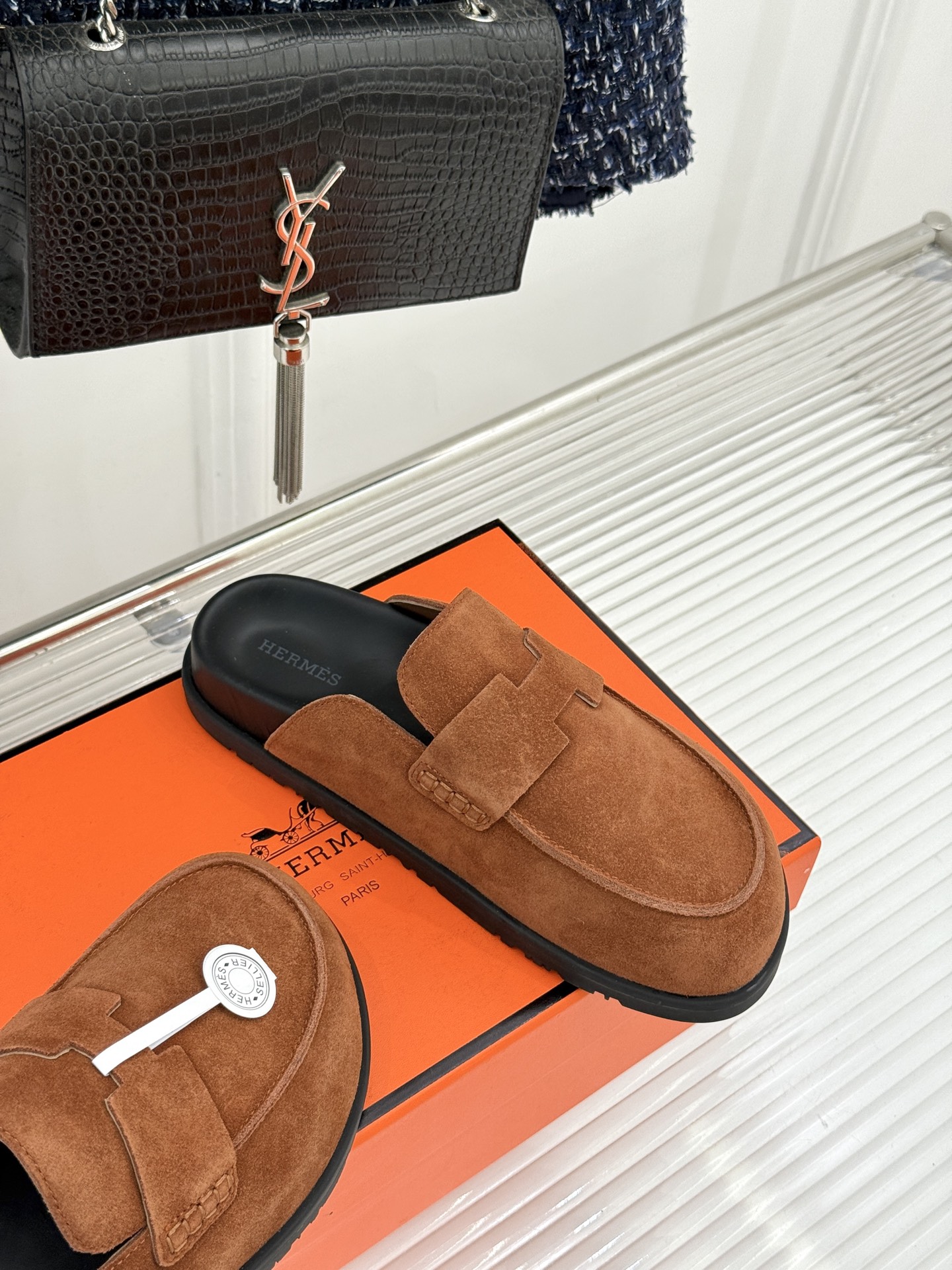 （配原版飞机盒）Hermès/爱马仕25WF新品穆勒包头H半拖鞋勃肯鞋厚底勃肯版型重塑经典。麂皮小牛皮质