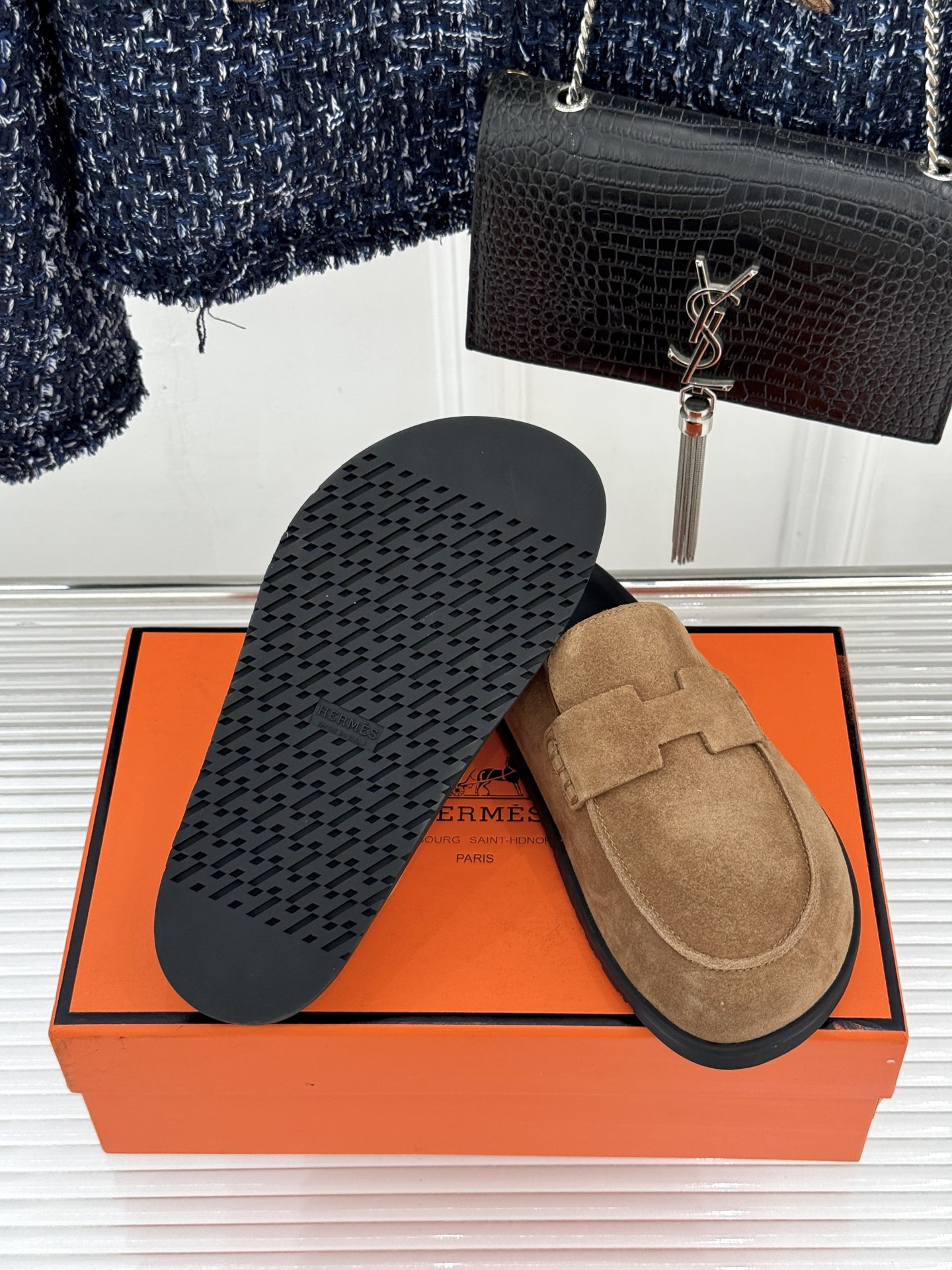 （配原版飞机盒）Hermès/爱马仕25WF新品穆勒包头H半拖鞋勃肯鞋厚底勃肯版型重塑经典。麂皮小牛皮质