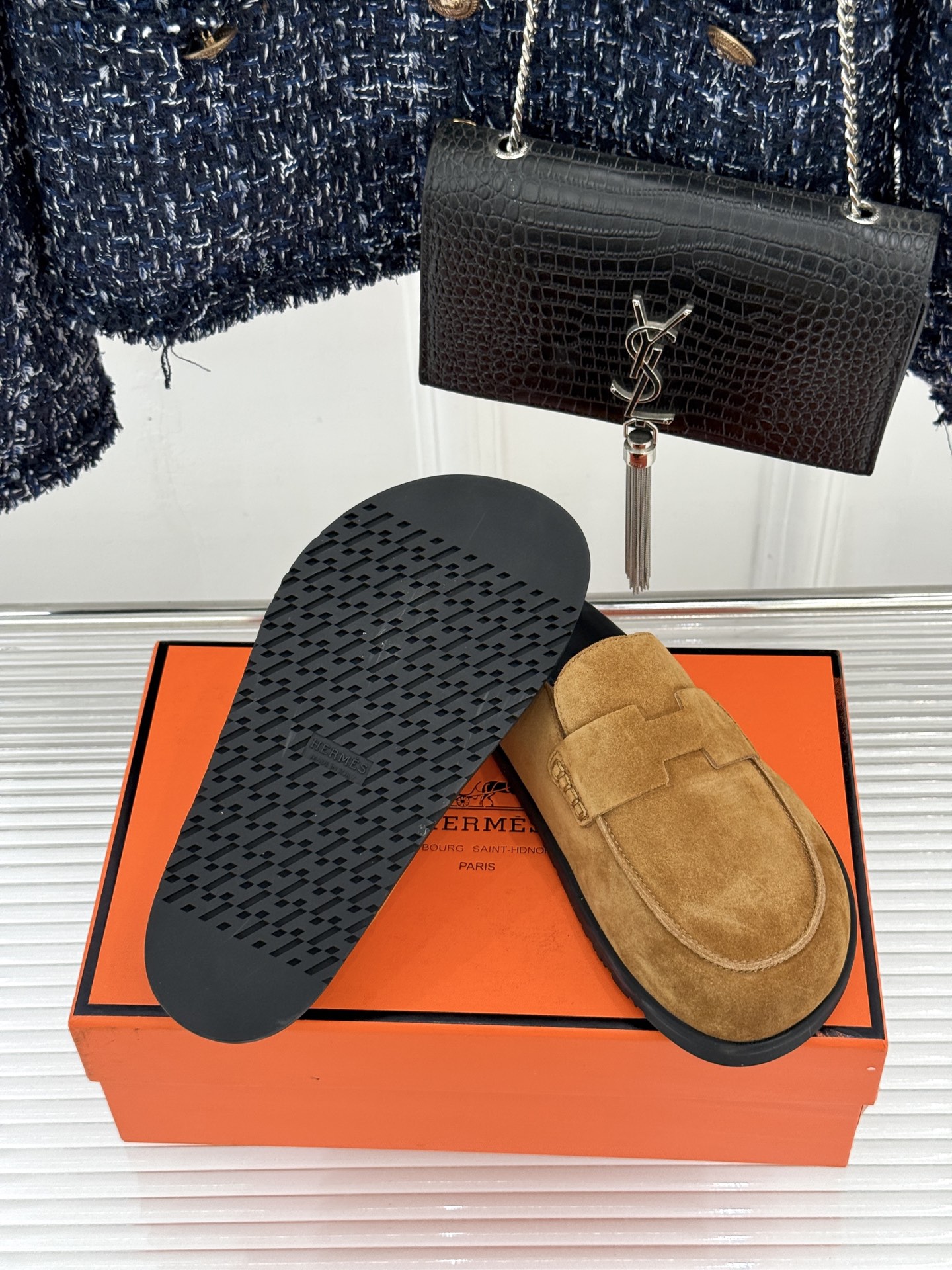 （配原版飞机盒）Hermès/爱马仕25WF新品穆勒包头H半拖鞋勃肯鞋厚底勃肯版型重塑经典。麂皮小牛皮质