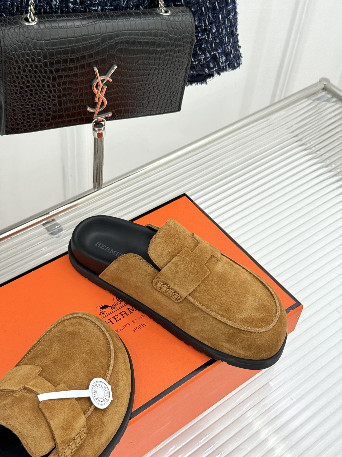 （配原版飞机盒）Hermès/爱马仕25WF新品穆勒包头H半拖鞋勃肯鞋厚底勃肯版型重塑经典。麂皮小牛皮质