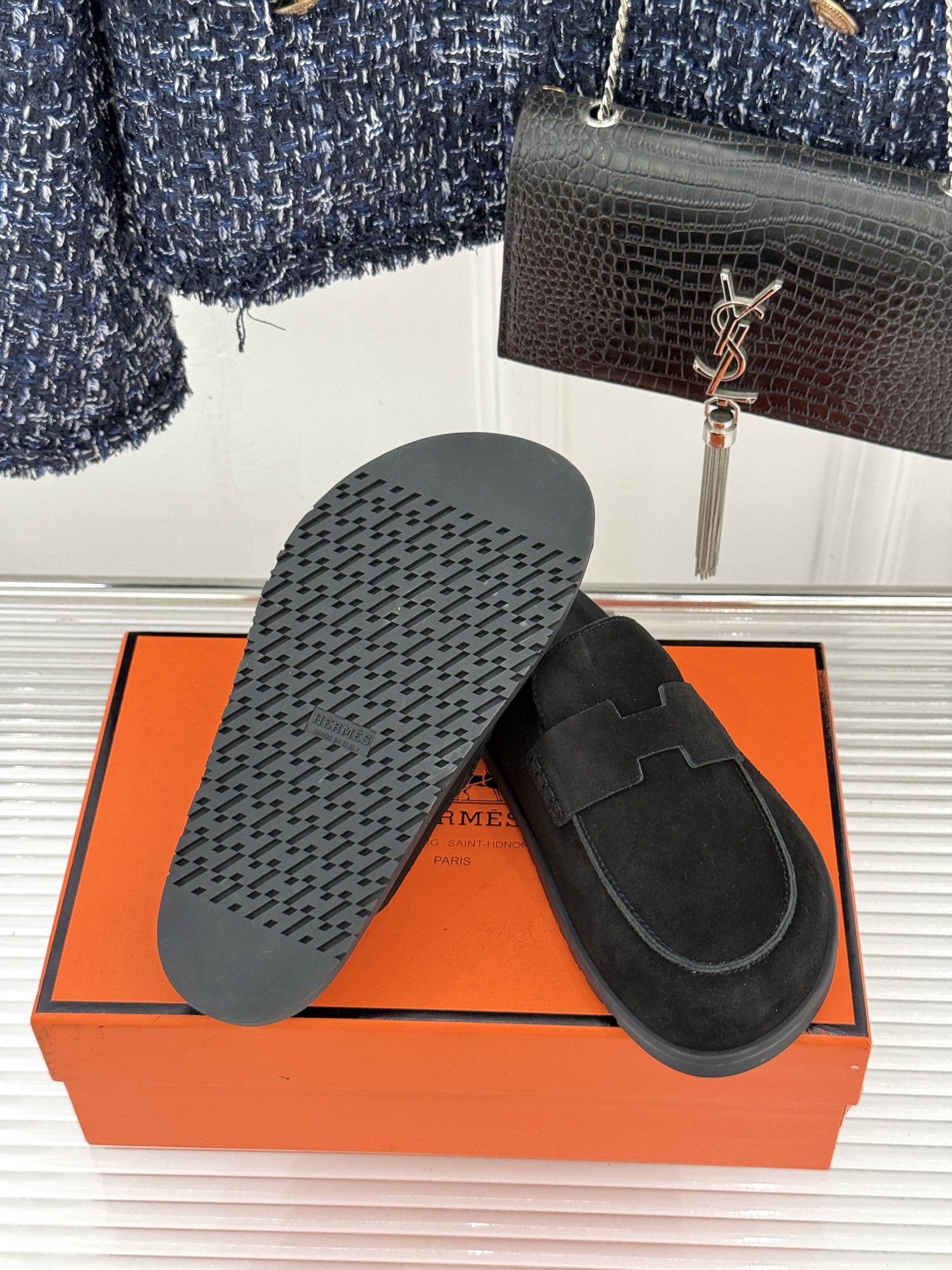 （配原版飞机盒）Hermès/爱马仕25WF新品穆勒包头H半拖鞋勃肯鞋厚底勃肯版型重塑经典。麂皮小牛皮质