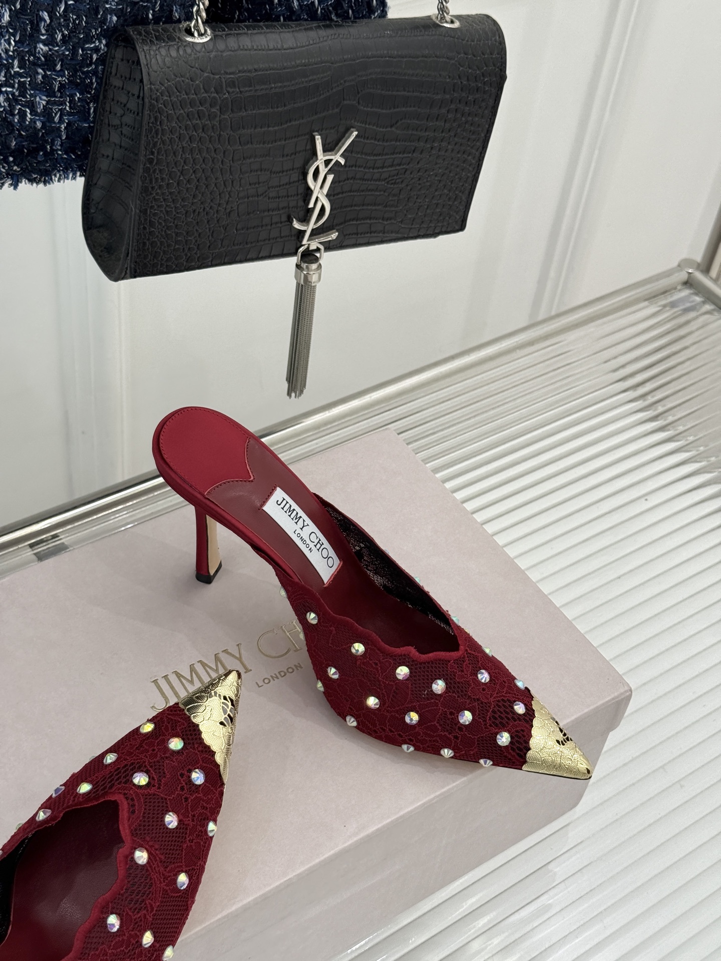 Jimmy Choo/吉米周26WF新品水钻蕾丝金属头高跟拖鞋承袭品牌30年英伦奢雅基因这款凉鞋解锁现代