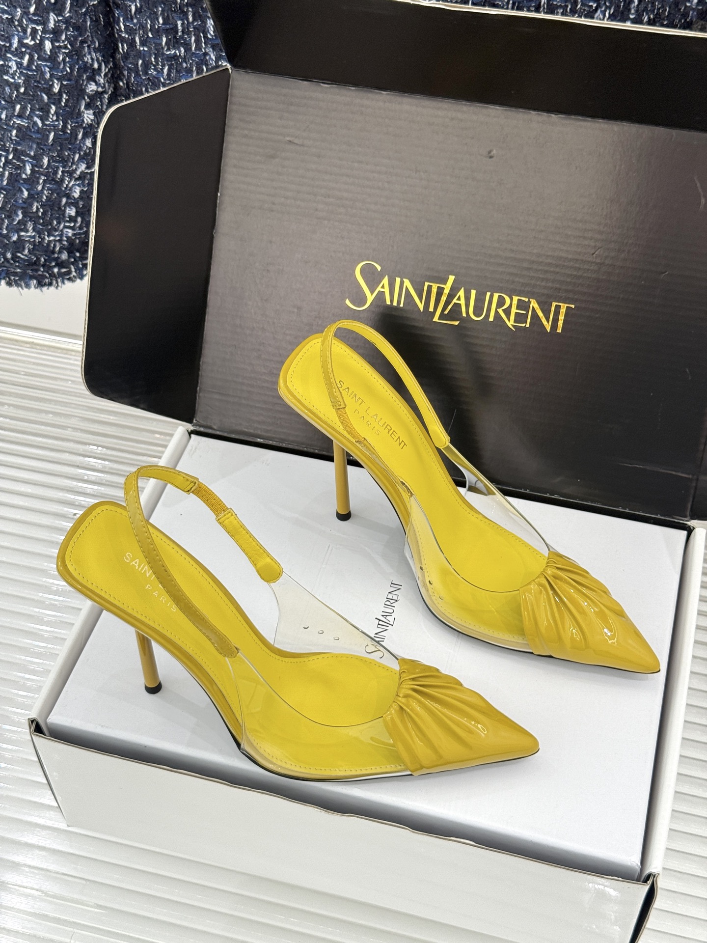 （原版飞机＋10）Saint Laurent /圣罗兰YSL26WF新品胶片褶皱尖头后空高跟凉鞋冷艳御姐