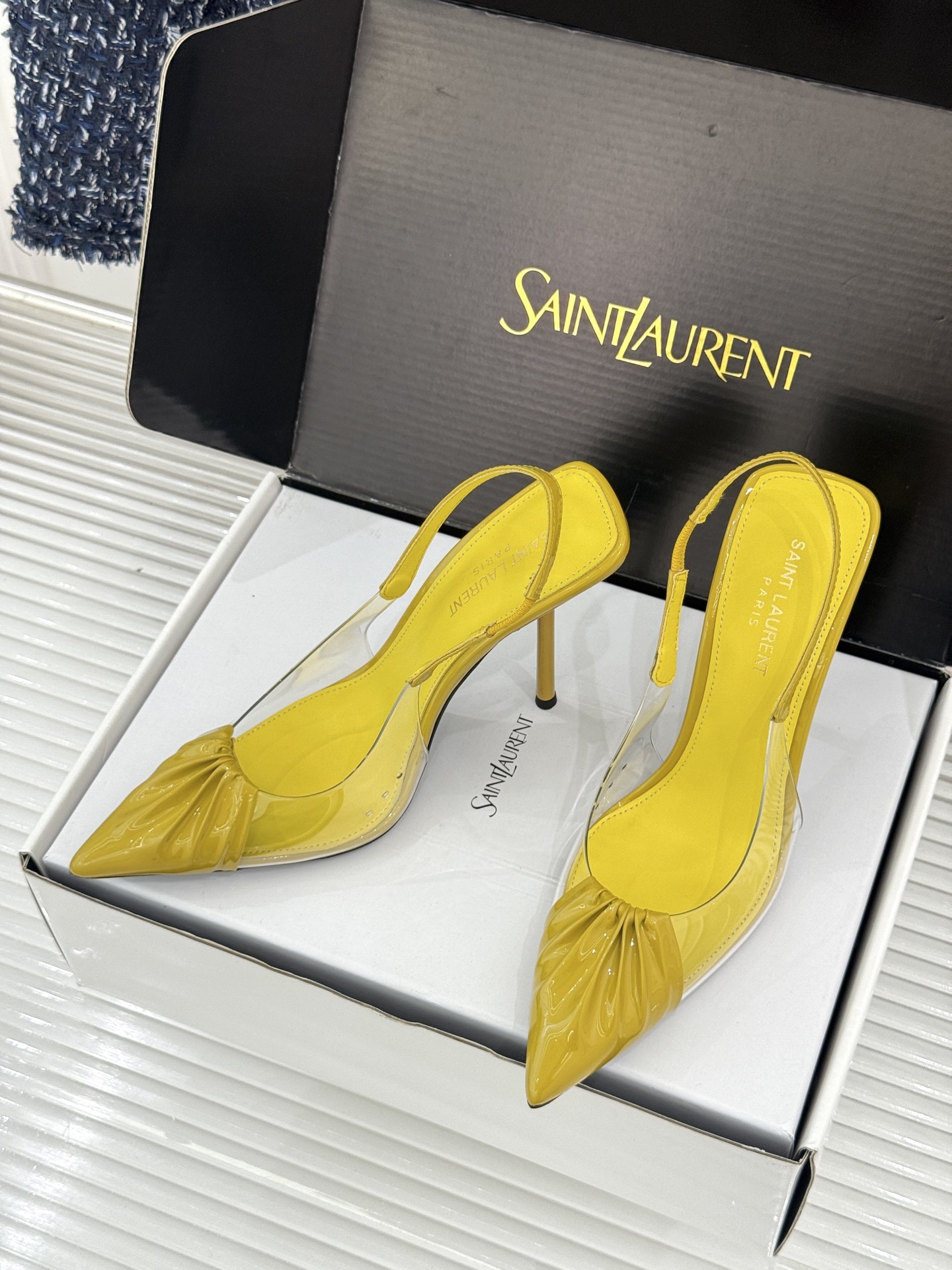 （原版飞机＋10）Saint Laurent /圣罗兰YSL26WF新品胶片褶皱尖头后空高跟凉鞋冷艳御姐