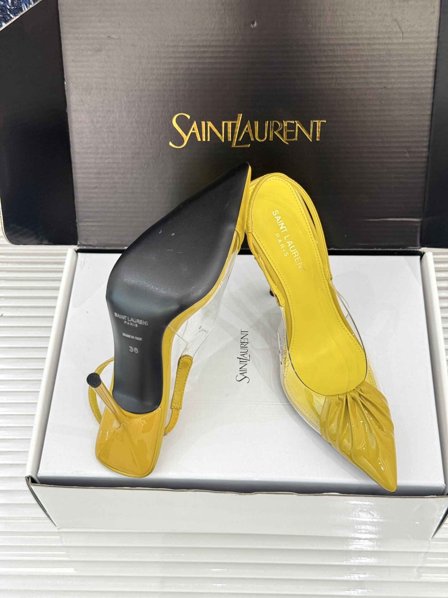 （原版飞机＋10）Saint Laurent /圣罗兰YSL26WF新品胶片褶皱尖头后空高跟凉鞋冷艳御姐