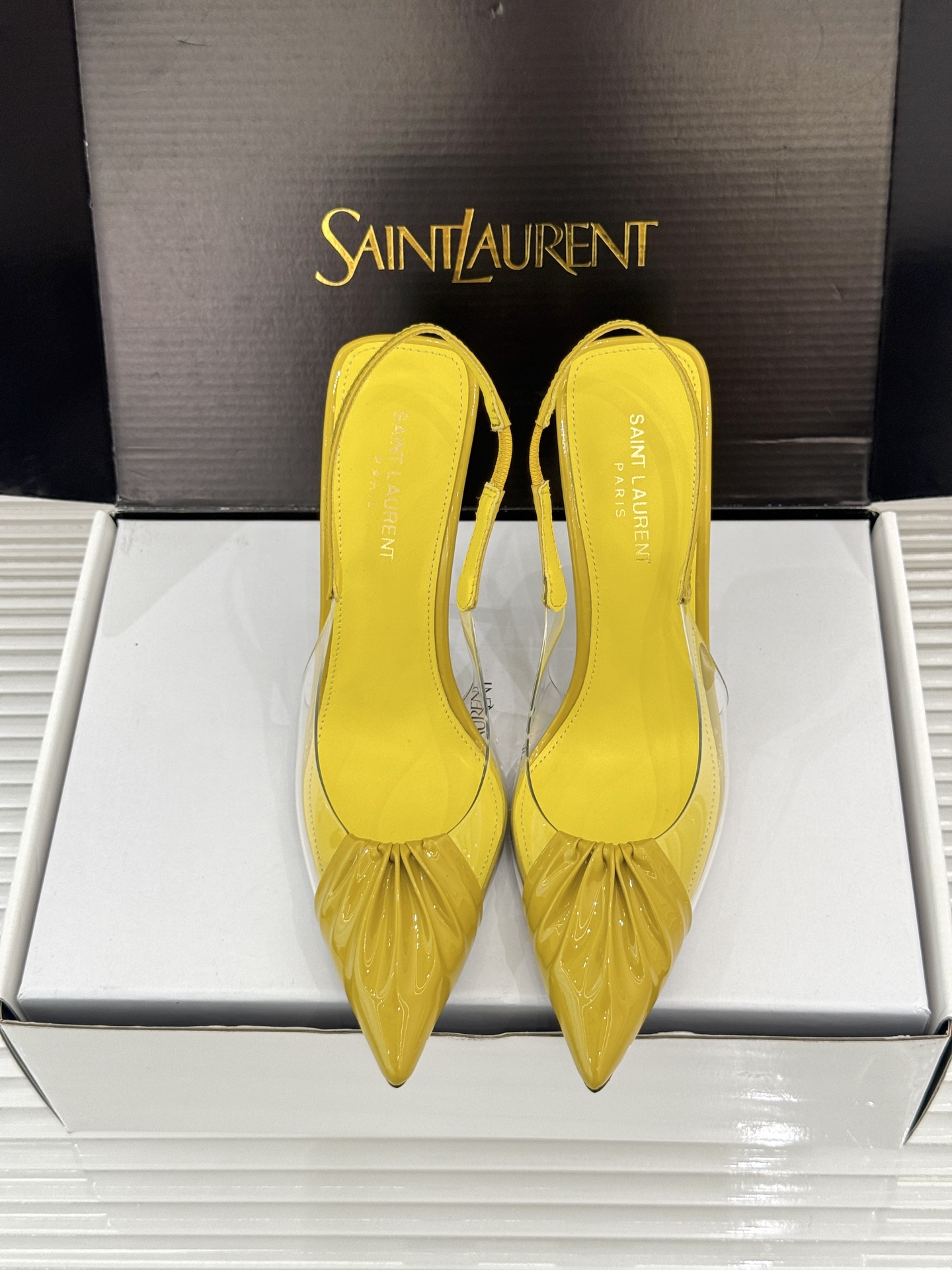 （原版飞机＋10）Saint Laurent /圣罗兰YSL26WF新品胶片褶皱尖头后空高跟凉鞋冷艳御姐