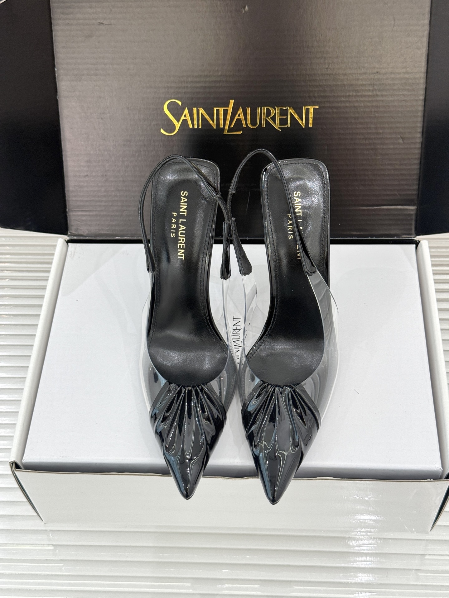 （原版飞机＋10）Saint Laurent /圣罗兰YSL26WF新品胶片褶皱尖头后空高跟凉鞋冷艳御姐