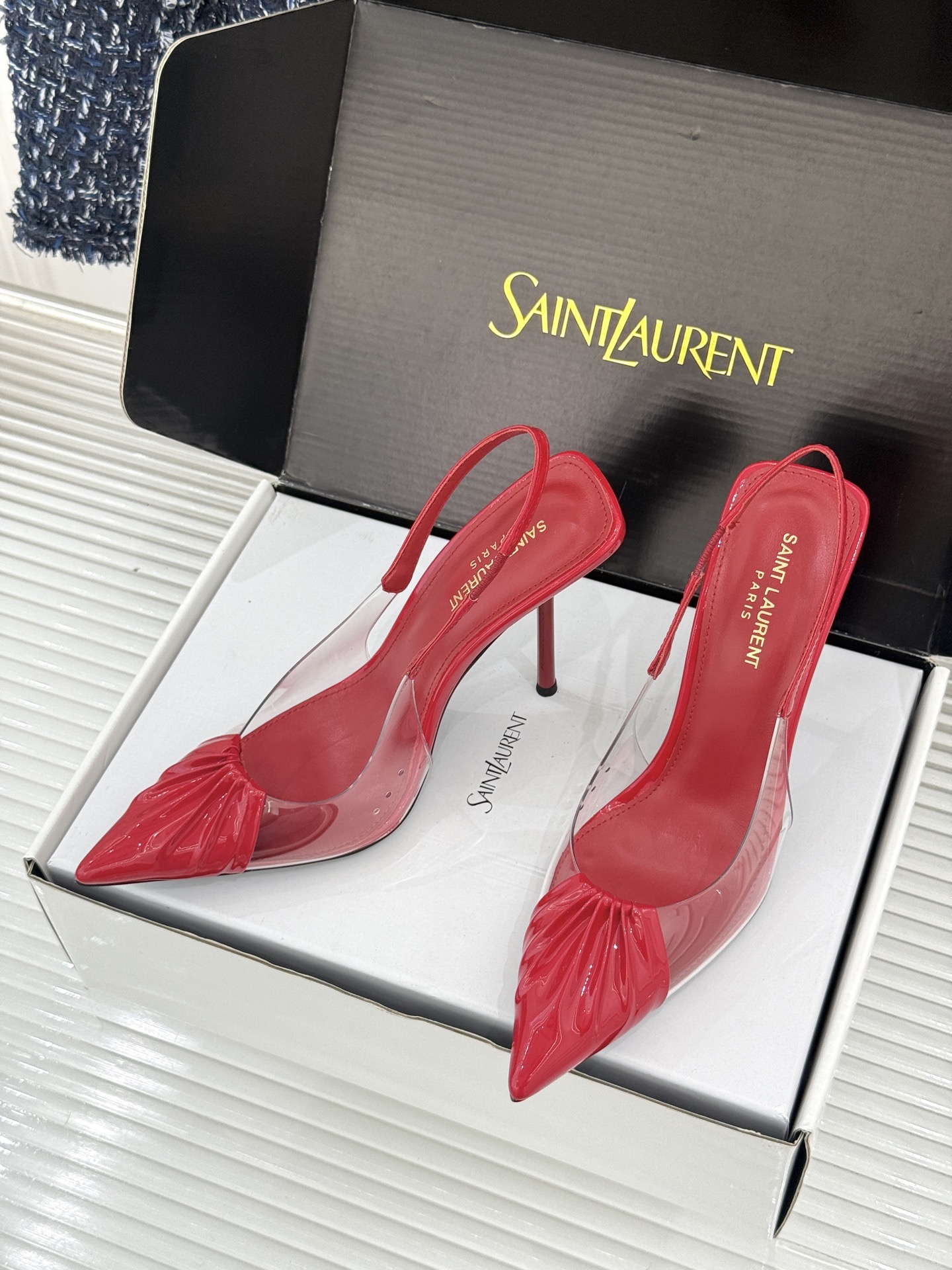 （原版飞机＋10）Saint Laurent /圣罗兰YSL26WF新品胶片褶皱尖头后空高跟凉鞋冷艳御姐