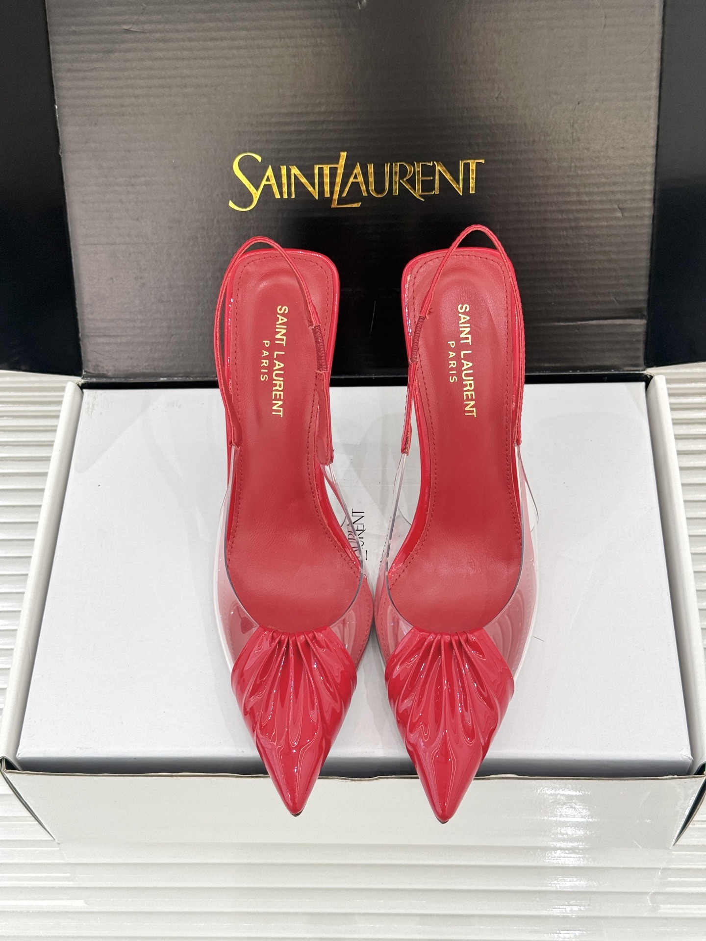 （原版飞机＋10）Saint Laurent /圣罗兰YSL26WF新品胶片褶皱尖头后空高跟凉鞋冷艳御姐