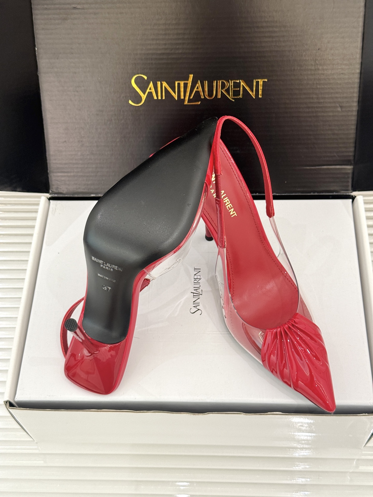 （原版飞机＋10）Saint Laurent /圣罗兰YSL26WF新品胶片褶皱尖头后空高跟凉鞋冷艳御姐