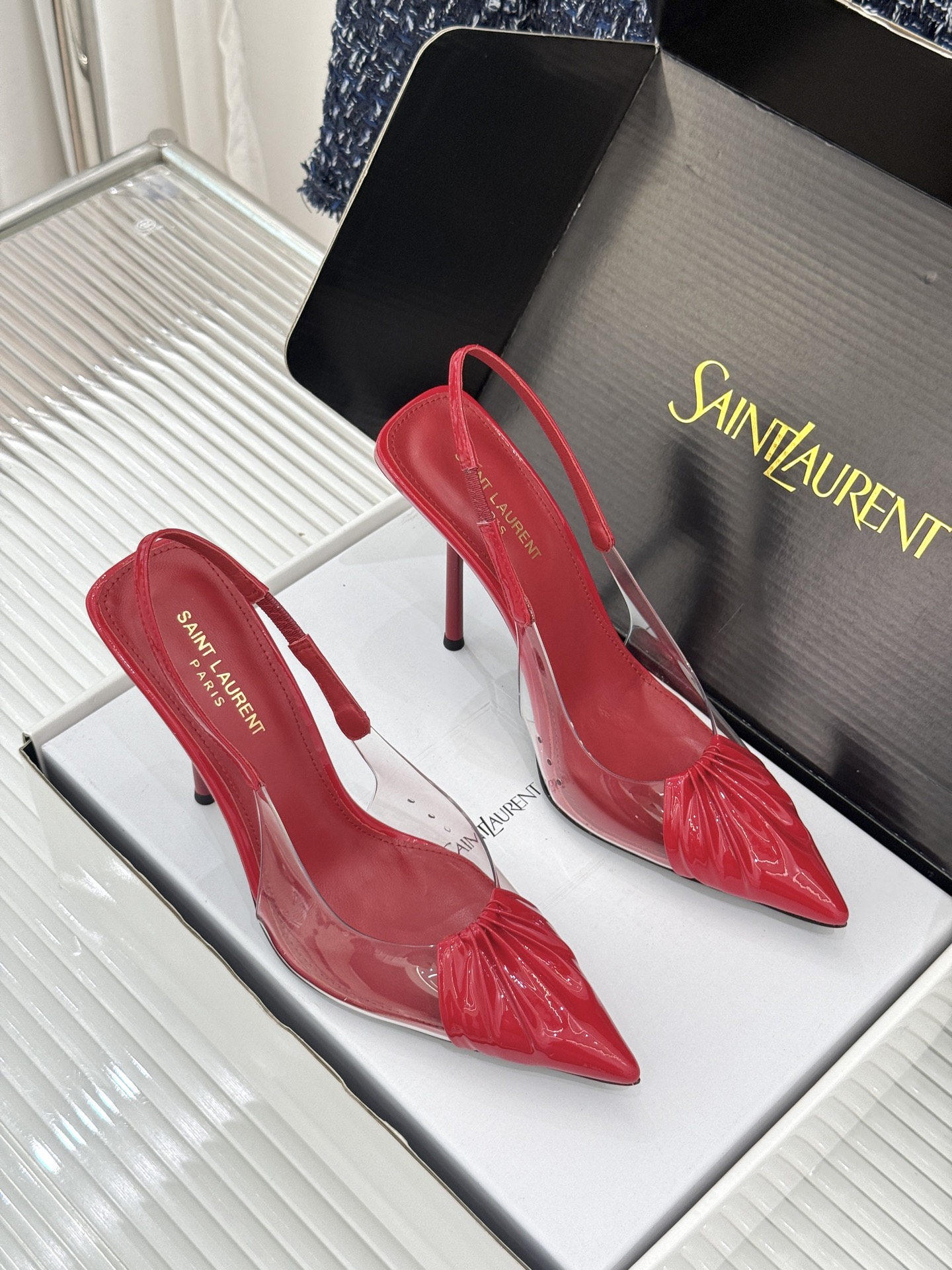（原版飞机＋10）Saint Laurent /圣罗兰YSL26WF新品胶片褶皱尖头后空高跟凉鞋冷艳御姐