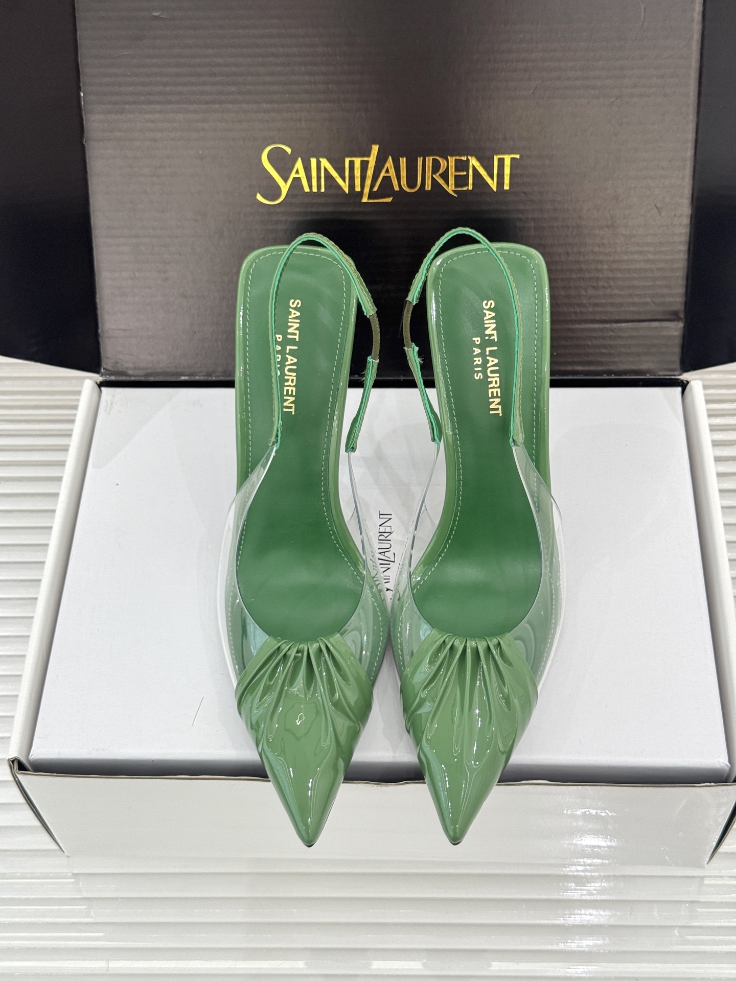 （原版飞机＋10）Saint Laurent /圣罗兰YSL26WF新品胶片褶皱尖头后空高跟凉鞋冷艳御姐