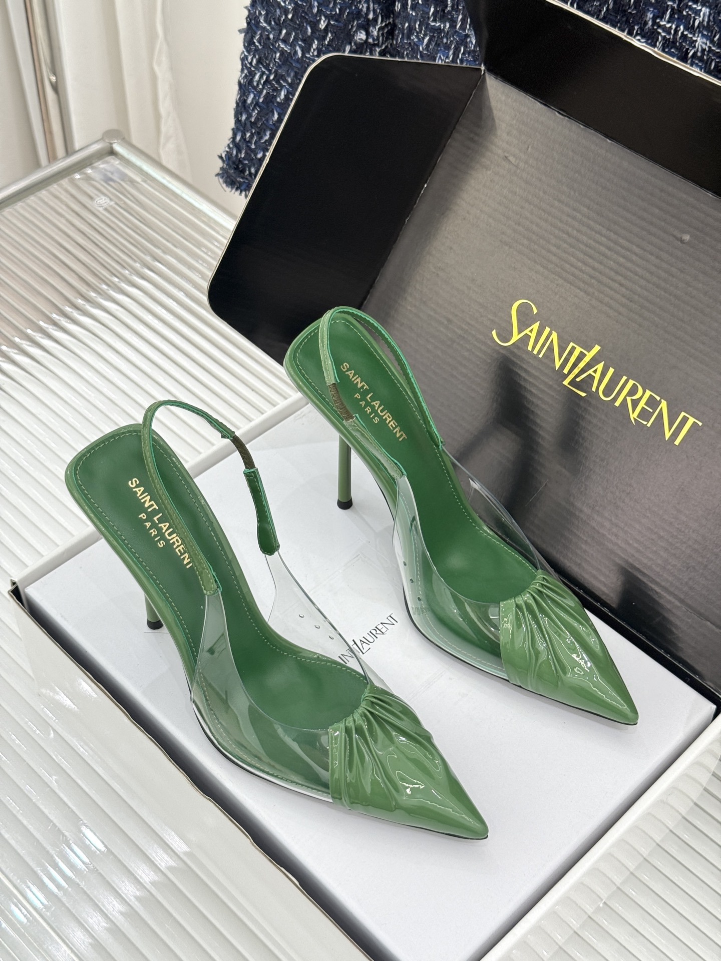 （原版飞机＋10）Saint Laurent /圣罗兰YSL26WF新品胶片褶皱尖头后空高跟凉鞋冷艳御姐