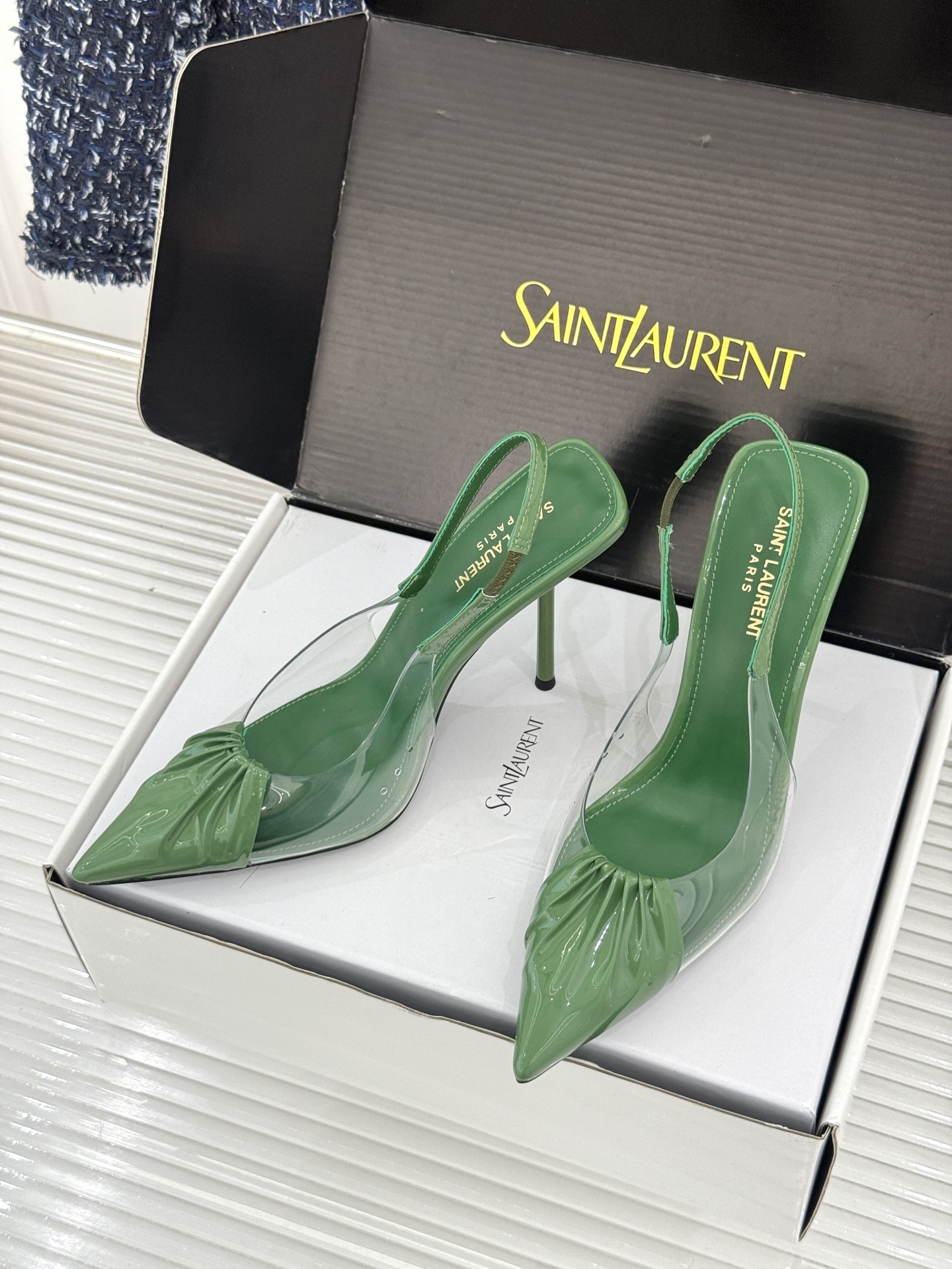 （原版飞机＋10）Saint Laurent /圣罗兰YSL26WF新品胶片褶皱尖头后空高跟凉鞋冷艳御姐