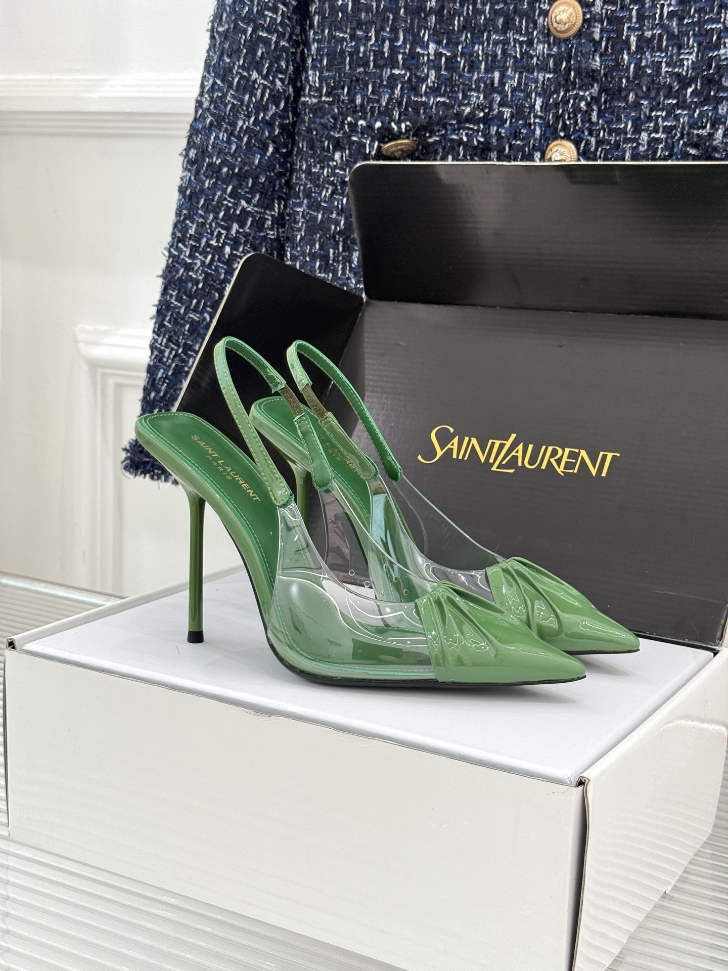 （原版飞机＋10）Saint Laurent /圣罗兰YSL26WF新品胶片褶皱尖头后空高跟凉鞋冷艳御姐