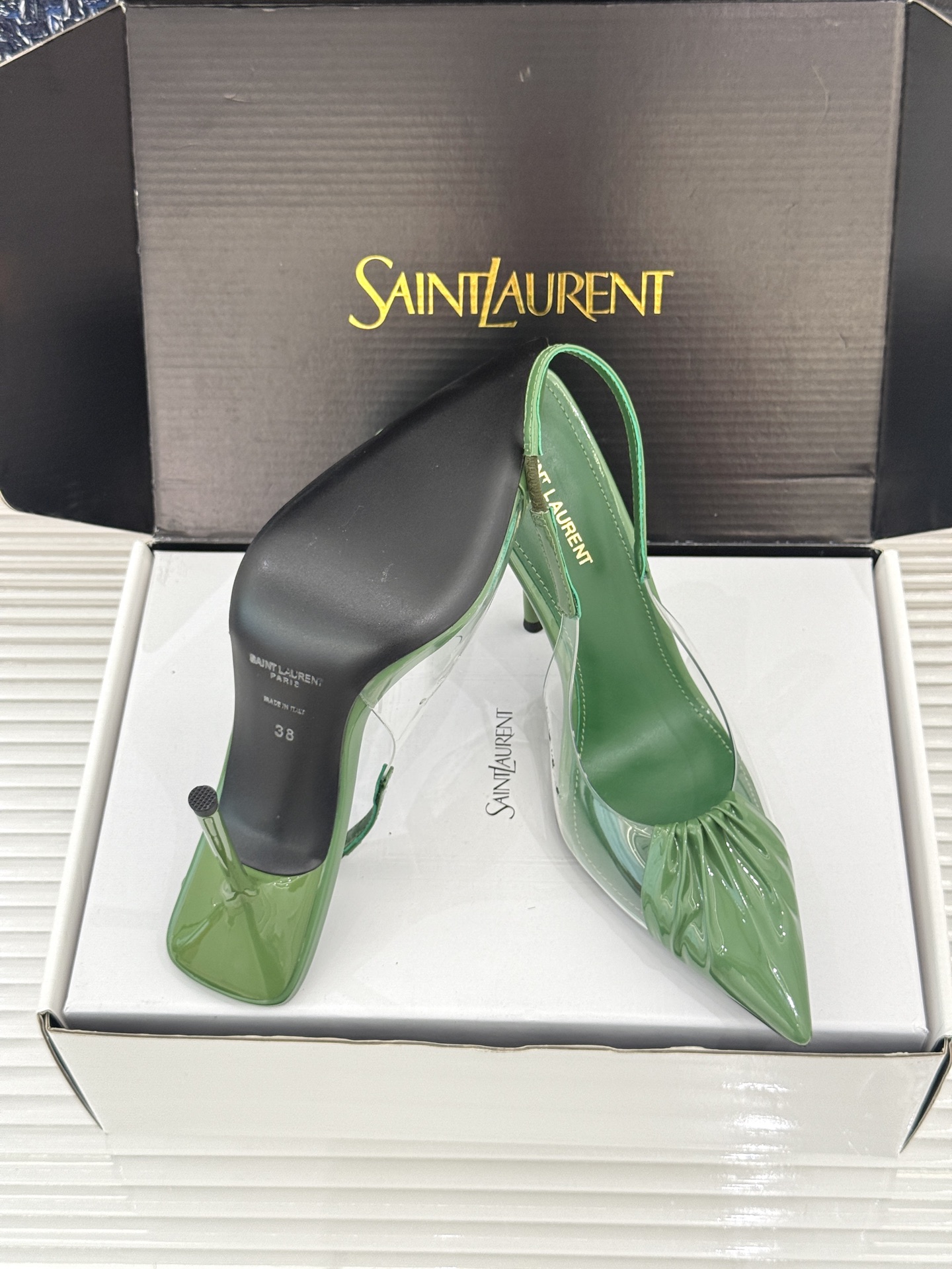 （原版飞机＋10）Saint Laurent /圣罗兰YSL26WF新品胶片褶皱尖头后空高跟凉鞋冷艳御姐